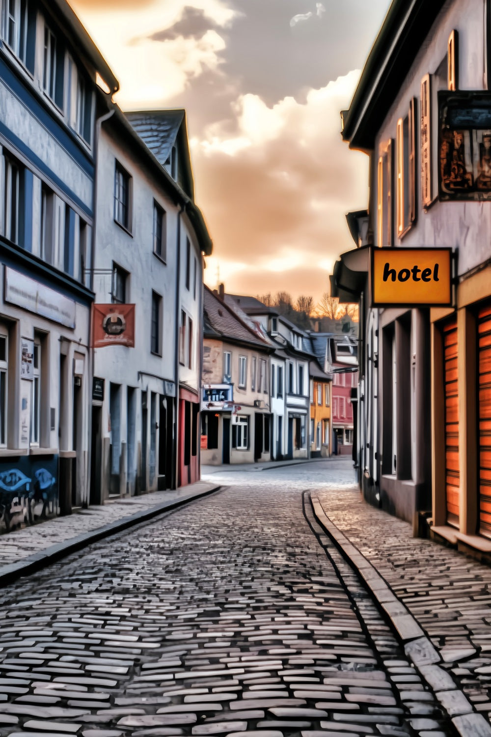 Europe Backdrop Cobblestone Street Sunset Glow European Backdrop UK LXX59-56