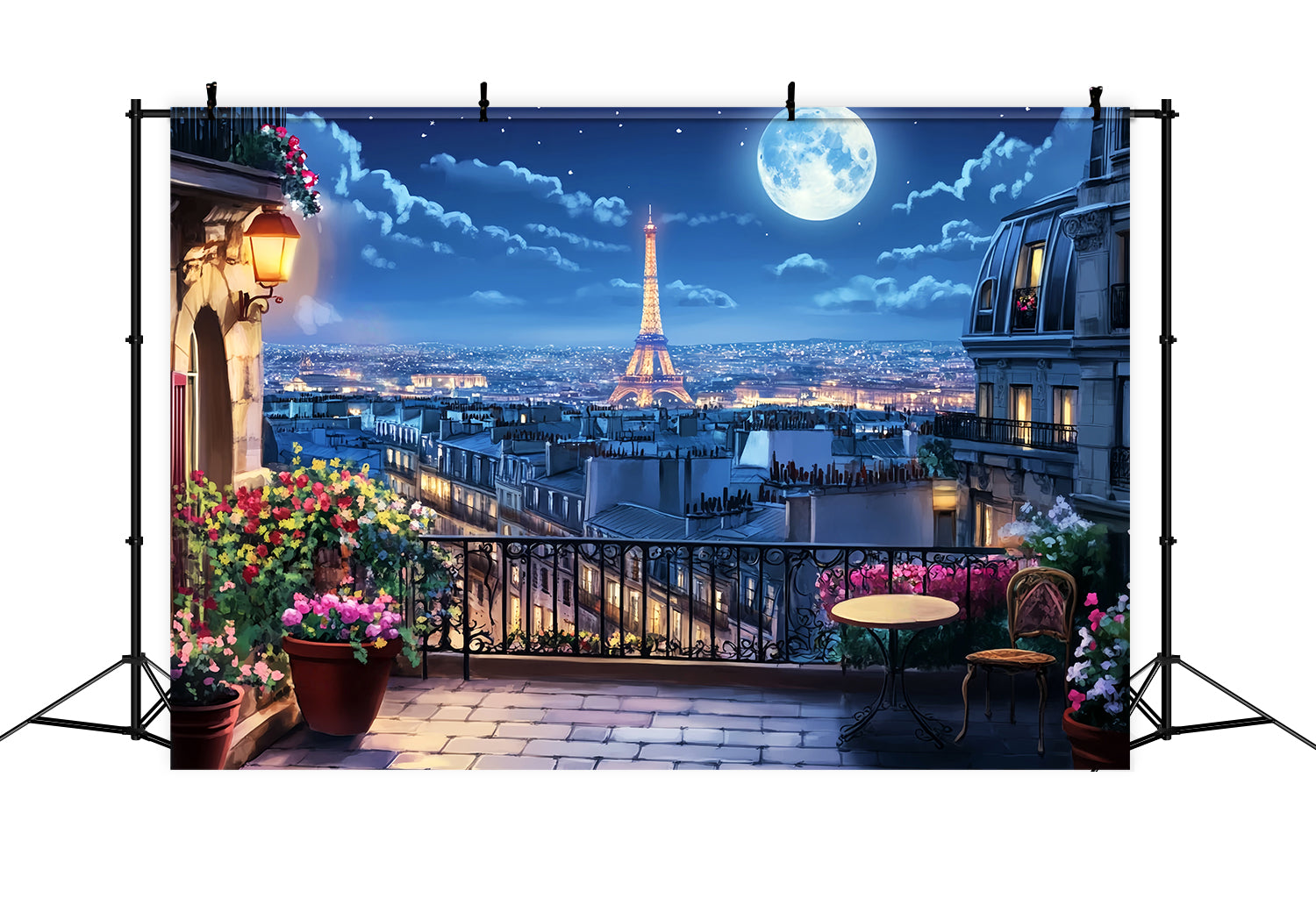 Night in Paris Backdrop Balcony Moonlight Eiffel Tower Paris Backdrop UK LXX59-59