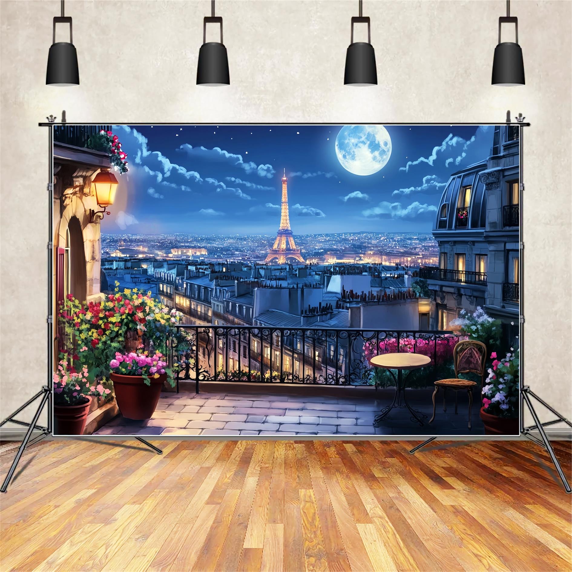 Night in Paris Backdrop Balcony Moonlight Eiffel Tower Paris Backdrop UK LXX59-59
