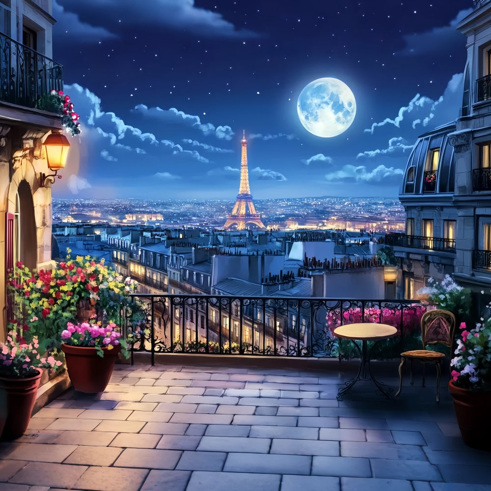 Night in Paris Backdrop Balcony Moonlight Eiffel Tower Paris Backdrop UK LXX59-59