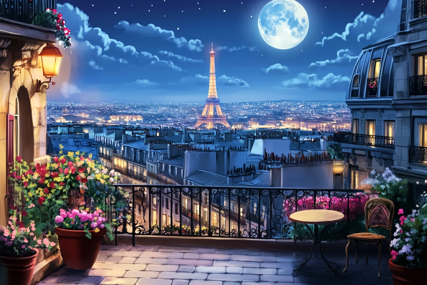 Night in Paris Backdrop Balcony Moonlight Eiffel Tower Paris Backdrop UK LXX59-59