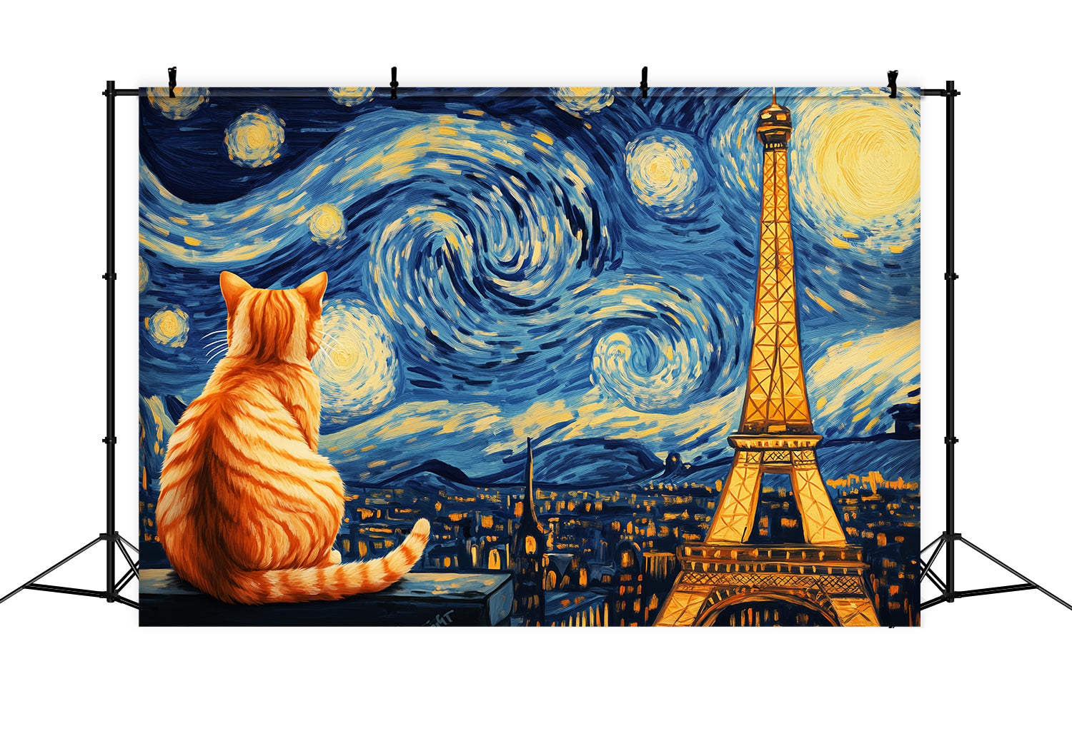 Paris Backdrop Starry Night Cat View Eiffel Tower Paris Backdrop UK LXX59-61