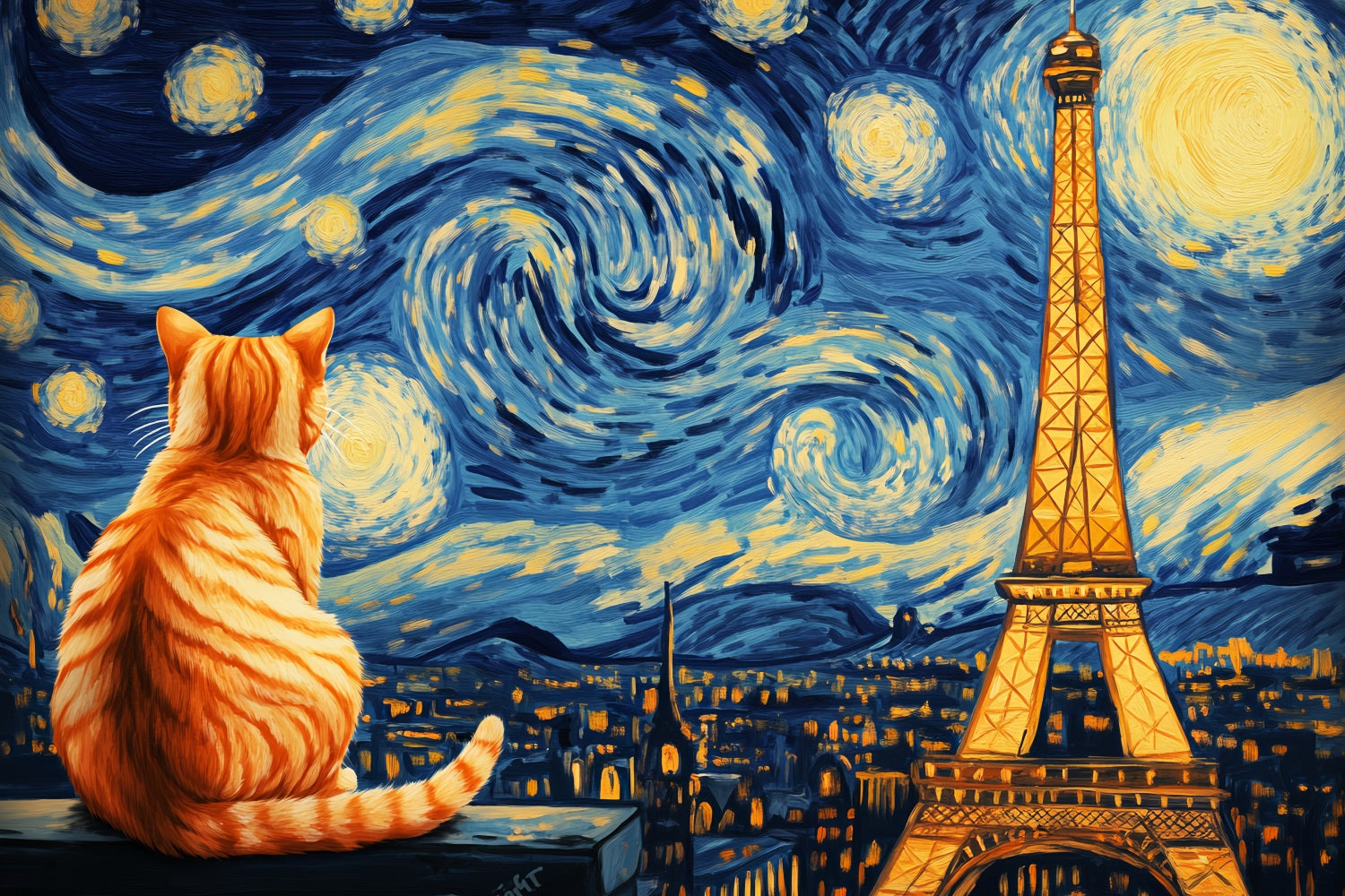 Paris Backdrop Starry Night Cat View Eiffel Tower Paris Backdrop UK LXX59-61