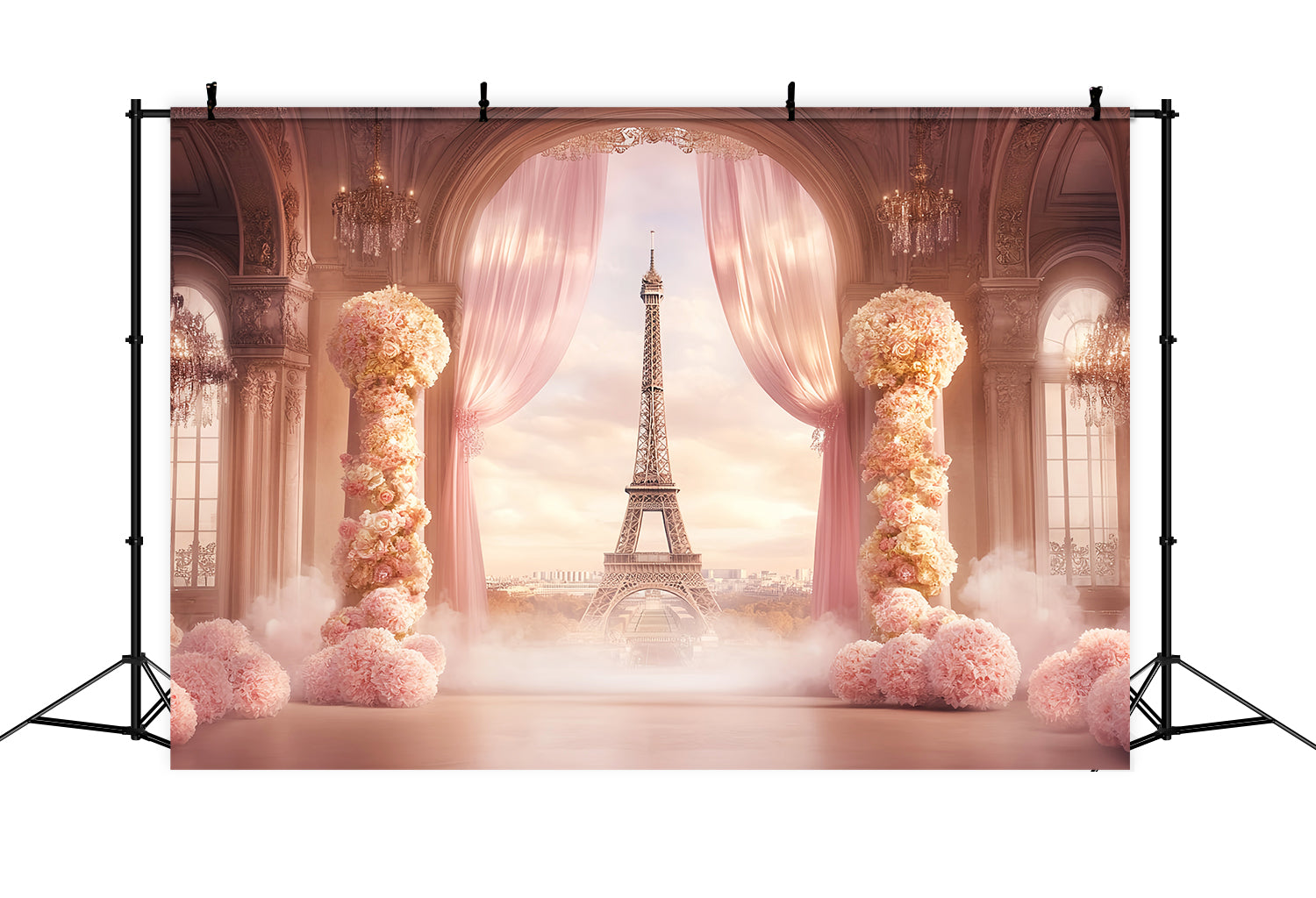 A Night in Paris Backdrop Ballroom Floral Drapes Eiffel Tower Paris Backdrop UK LXX59-64