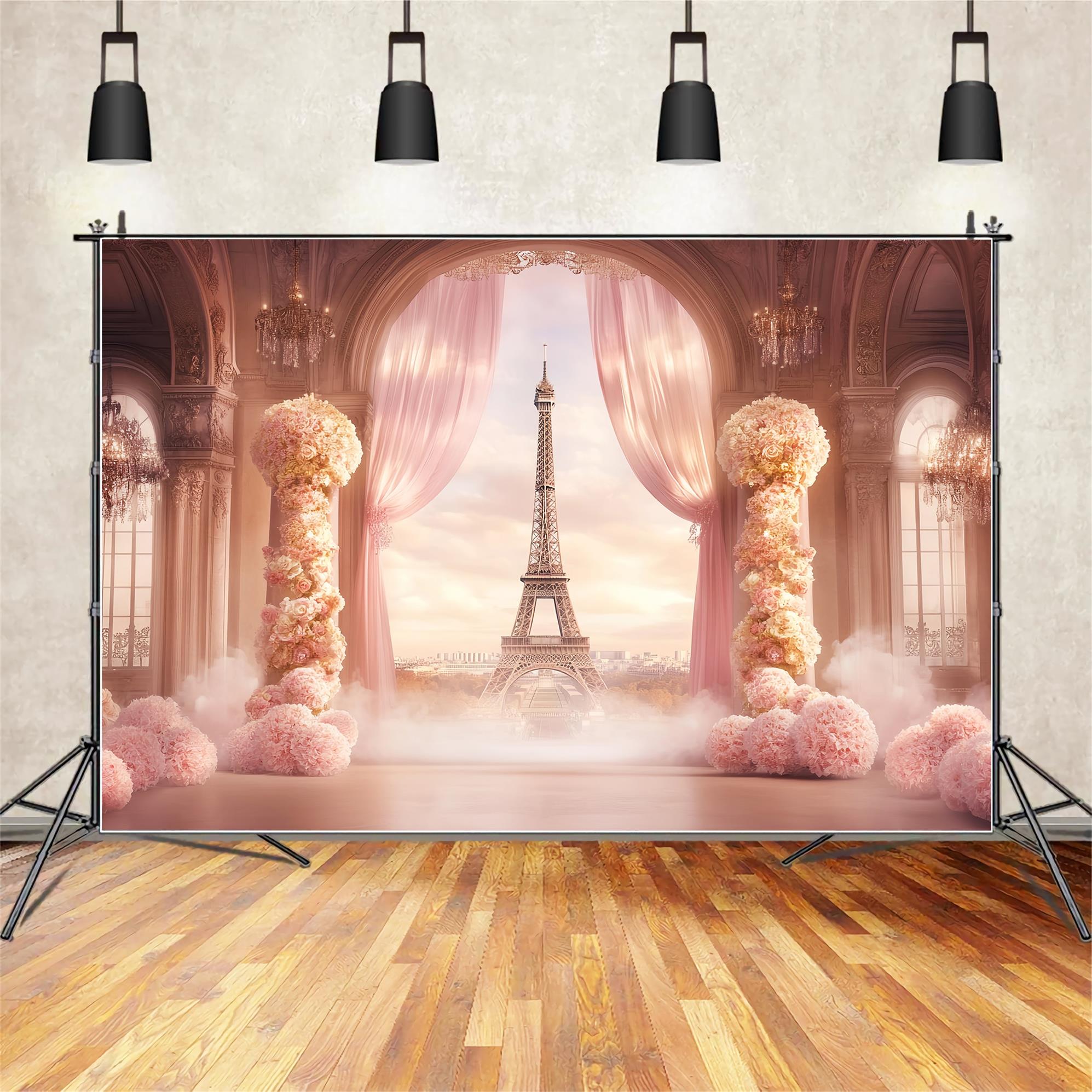 A Night in Paris Backdrop Ballroom Floral Drapes Eiffel Tower Paris Backdrop UK LXX59-64