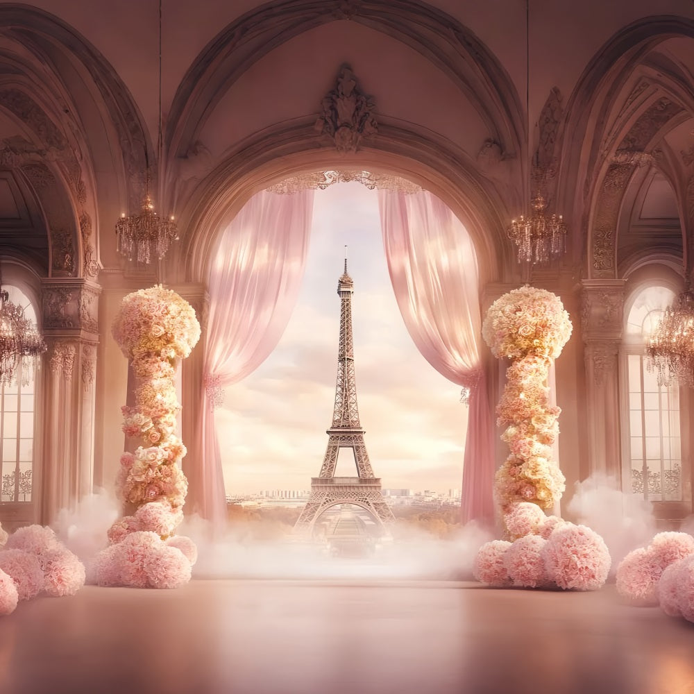 A Night in Paris Backdrop Ballroom Floral Drapes Eiffel Tower Paris Backdrop UK LXX59-64