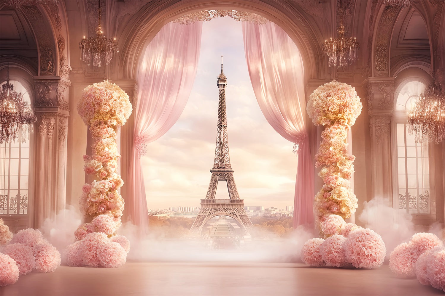 A Night in Paris Backdrop Ballroom Floral Drapes Eiffel Tower Paris Backdrop UK LXX59-64
