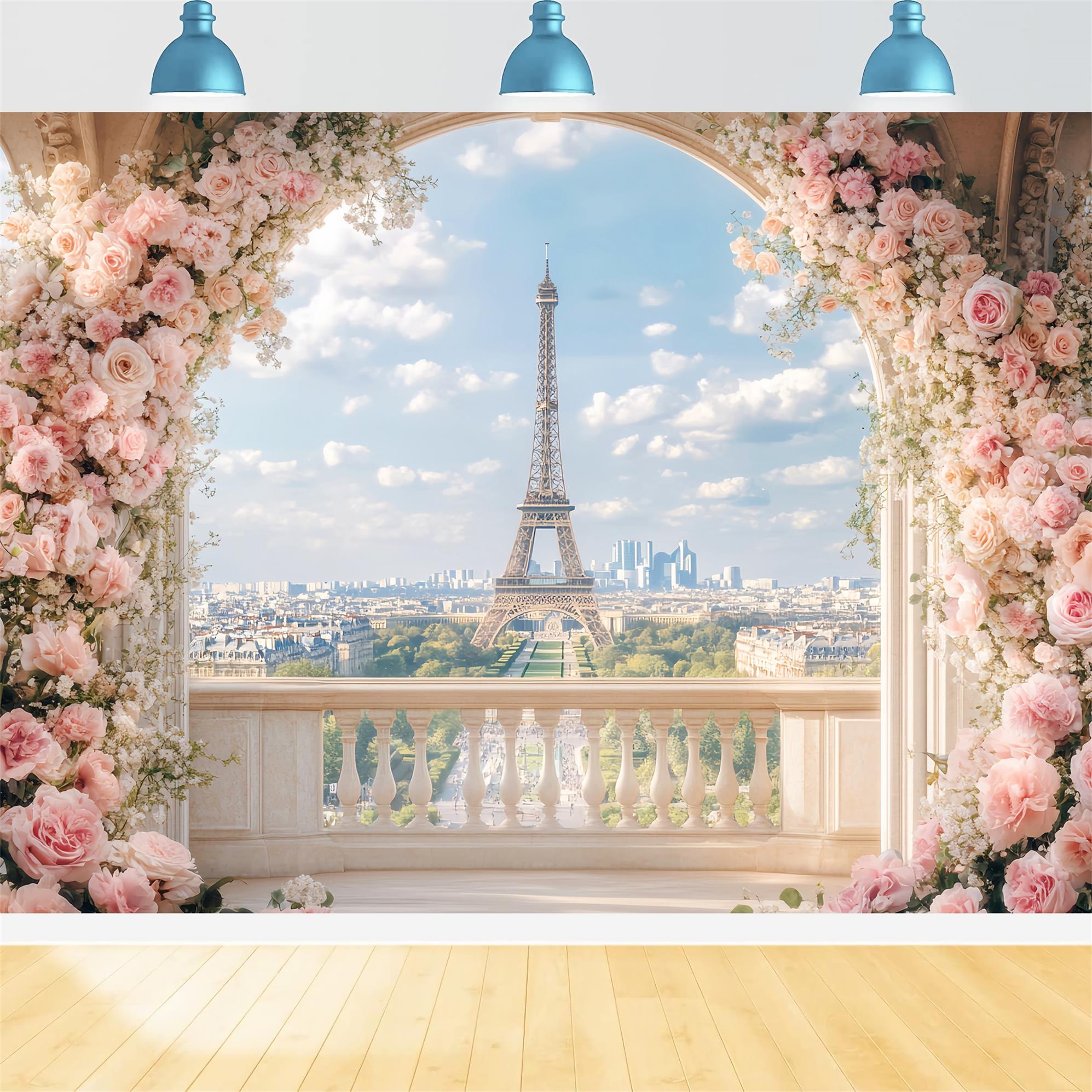 Paris Backdrops Romantic Floral Balcony View Eiffel Tower Paris Backdrop UK LXX59-66