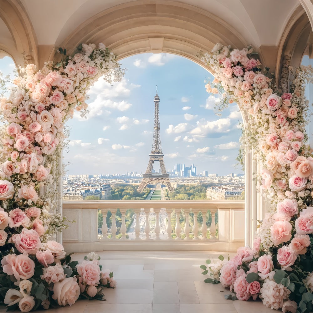 Paris Backdrops Romantic Floral Balcony View Eiffel Tower Paris Backdrop UK LXX59-66