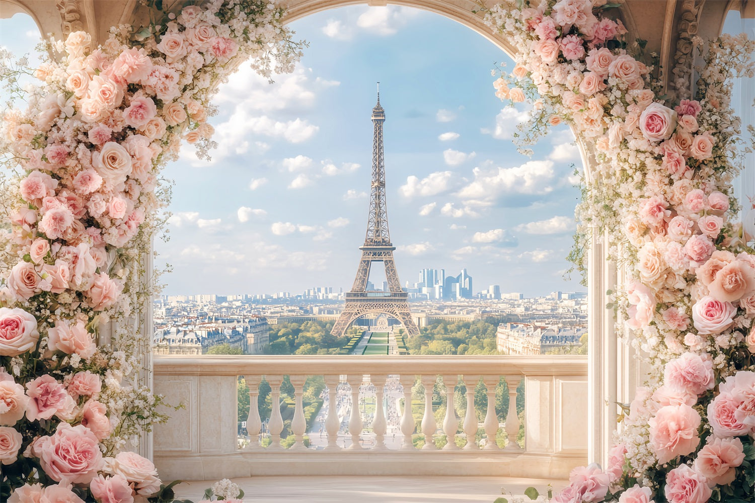 Paris Backdrops Romantic Floral Balcony View Eiffel Tower Paris Backdrop UK LXX59-66