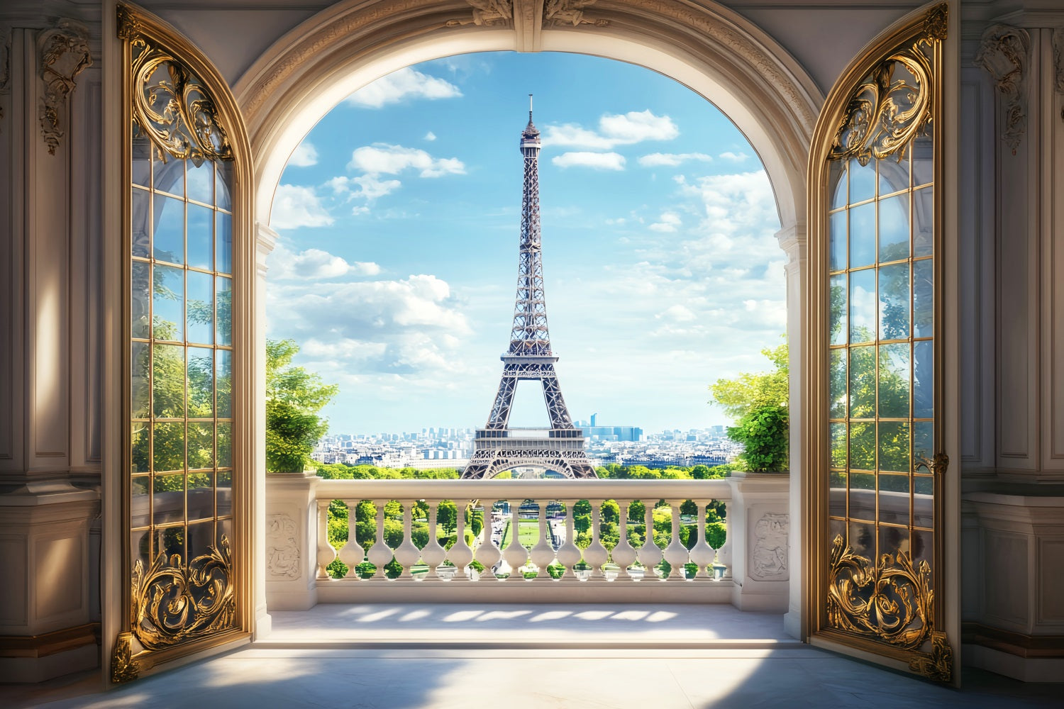 Paris Backdrops Golden Archway Eiffel View Paris Backdrop for Pictures UK LXX59-70