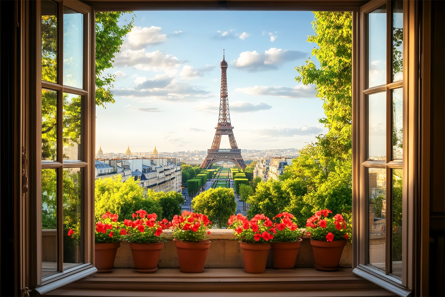 Paris Backdrops Window View Red Flowers Eiffel Paris Backdrop Ideas UK LXX59-71
