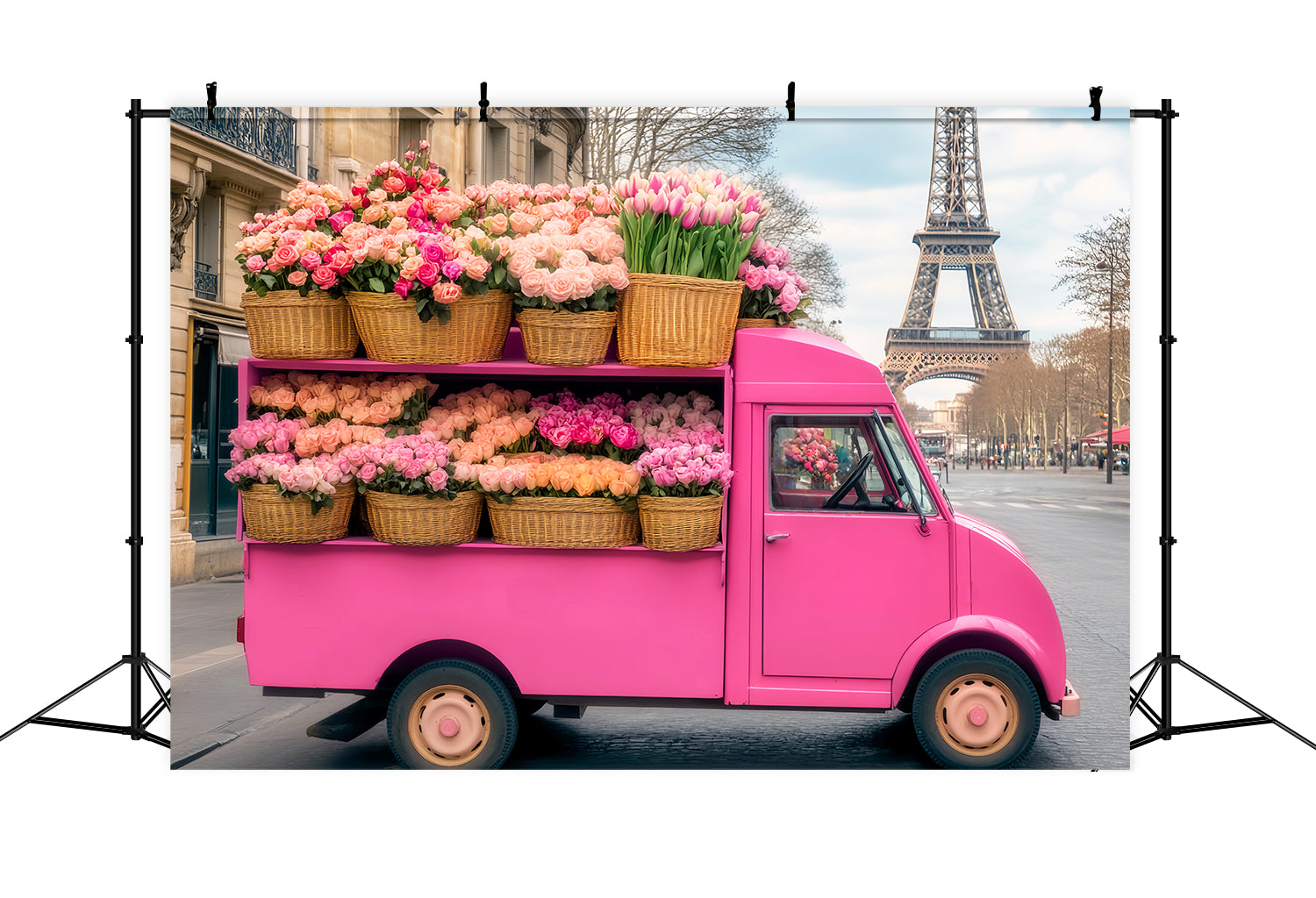 Paris Backdrops Pink Flower Truck Eiffel Tower Paris Backdrop UK LXX59-73