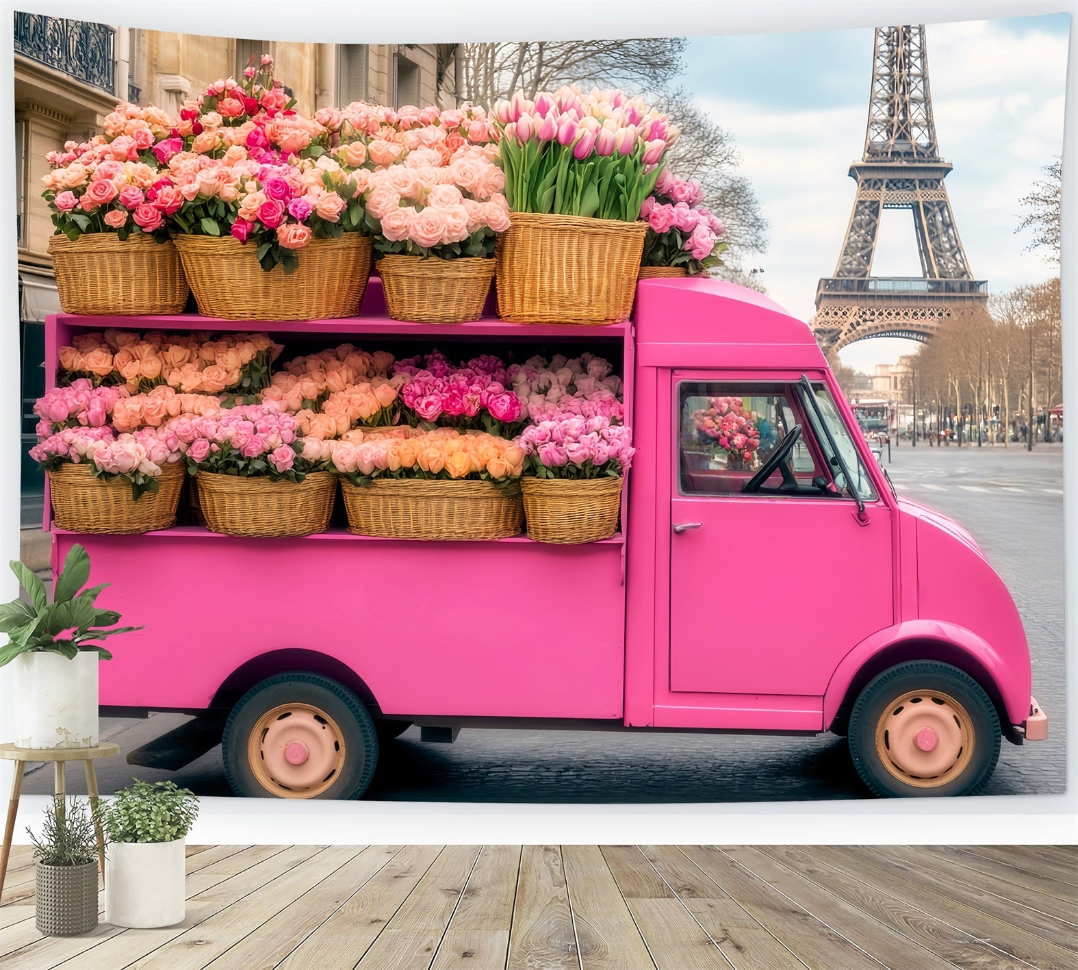 Paris Backdrops Pink Flower Truck Eiffel Tower Paris Backdrop UK LXX59-73
