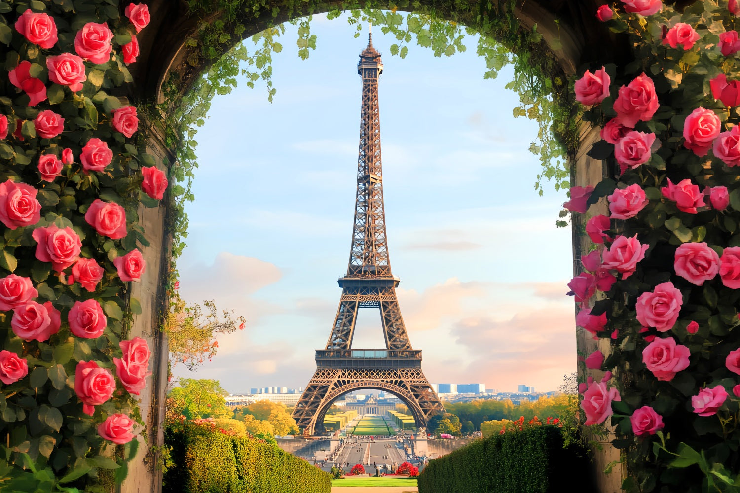 Eiffel Tower Backdrop Blooming Rose Arch Eiffel Paris Backdrop UK LXX59-77