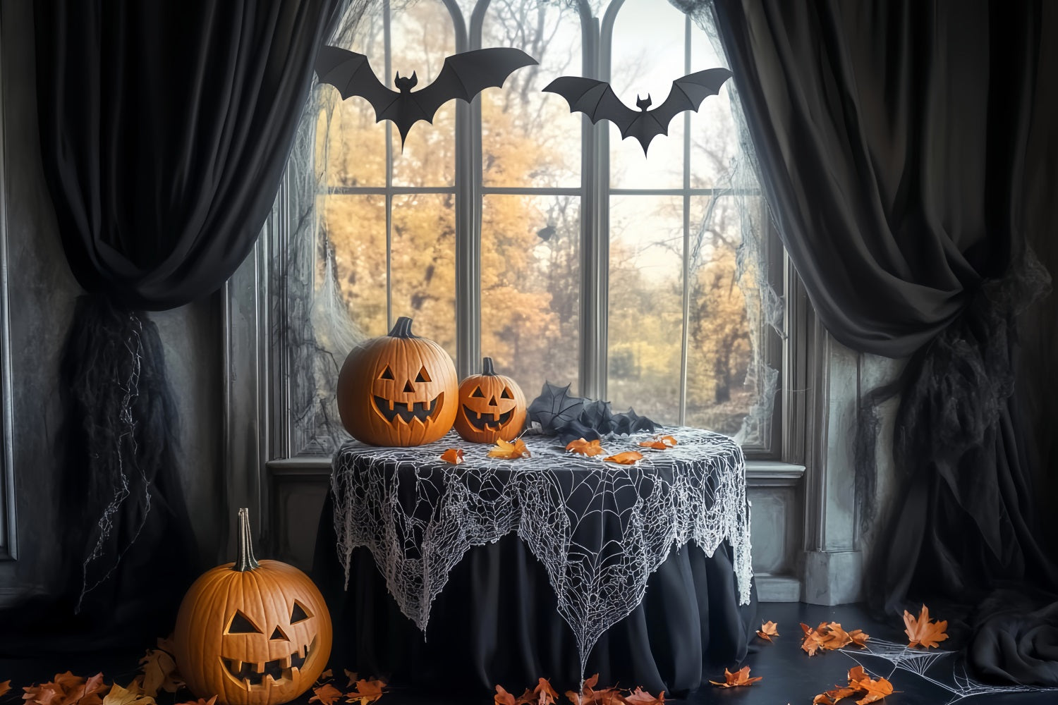 Bat Backdrop Spiderweb Table Pumpkin Bats Halloween Photo Booth Backdrop UK LXX59-83