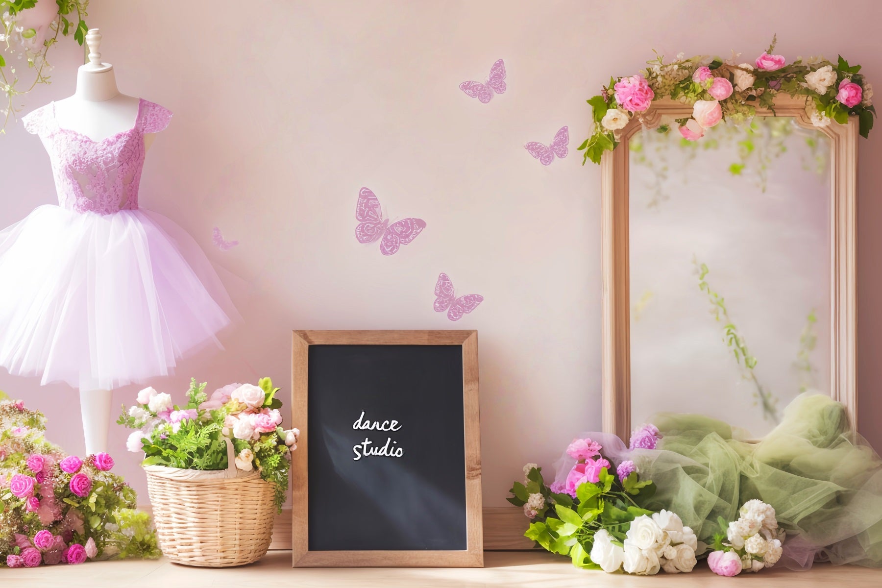 Dance Studio Backdrop Lilac Tutu Mirror Butterflies School Dance Backdrop UK LXX59-9