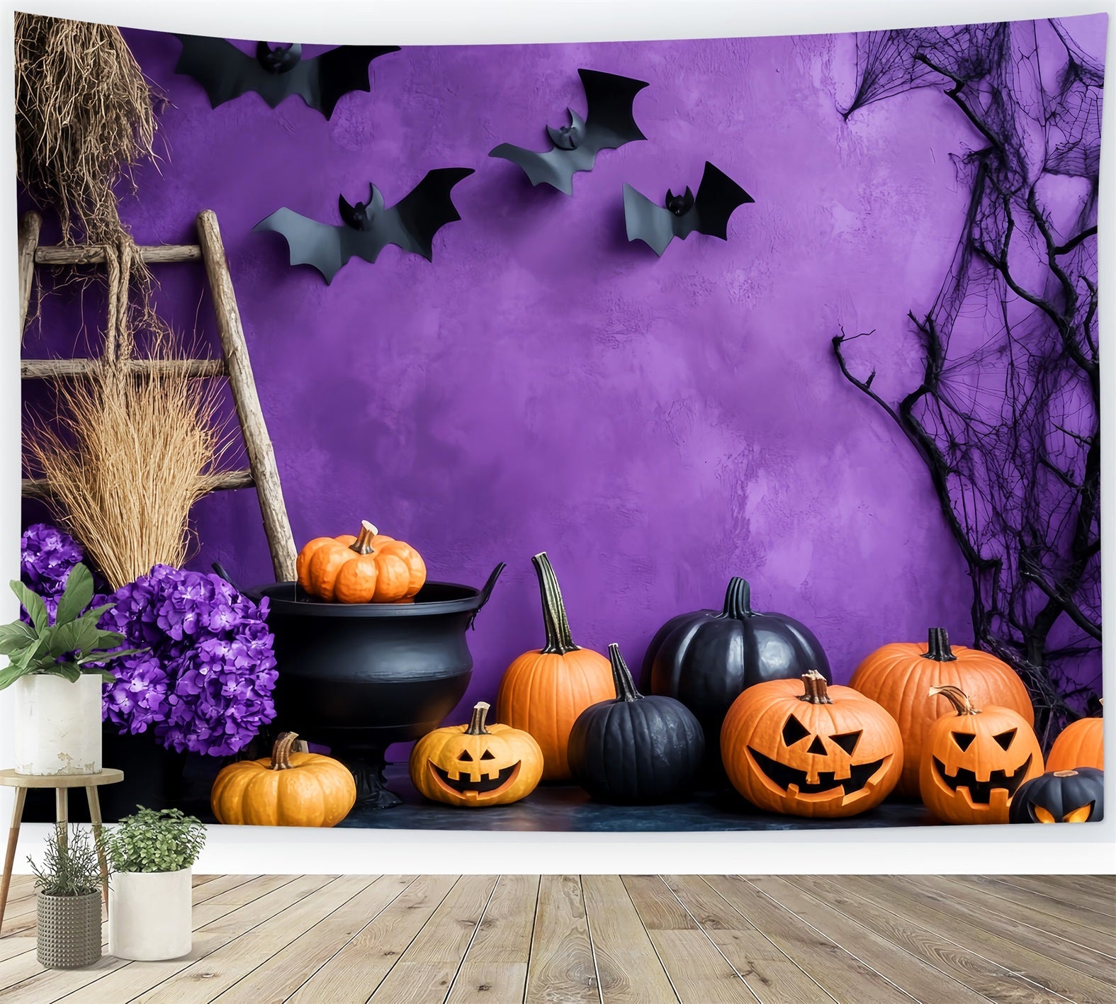 Color Backdrop Purple Wall Pumpkin Cauldron Halloween Photography Backdrops UK LXX59-91