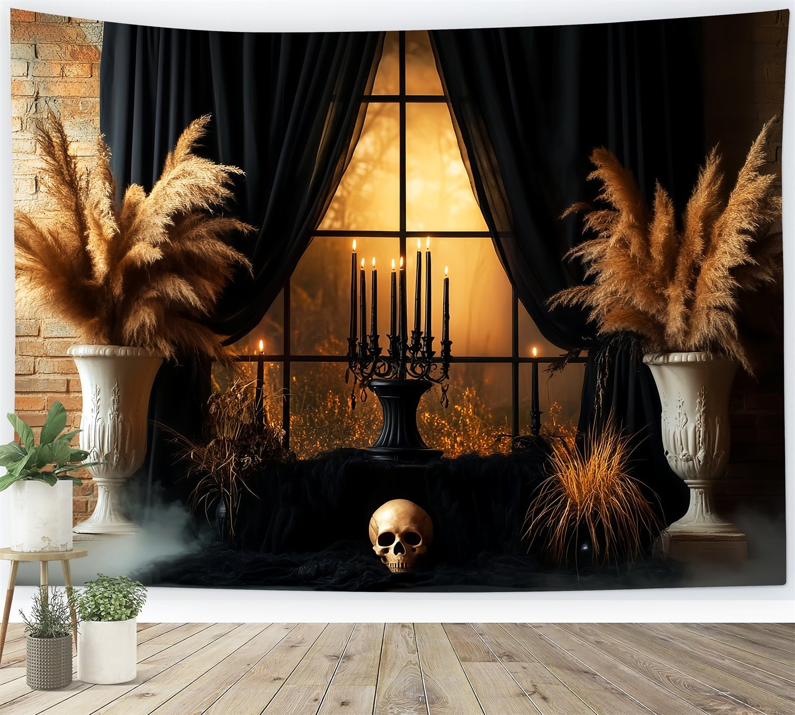 Creepy Backdrop Black Curtain Skull Candlelit Window Halloween Photo Backdrops UK LXX59-99