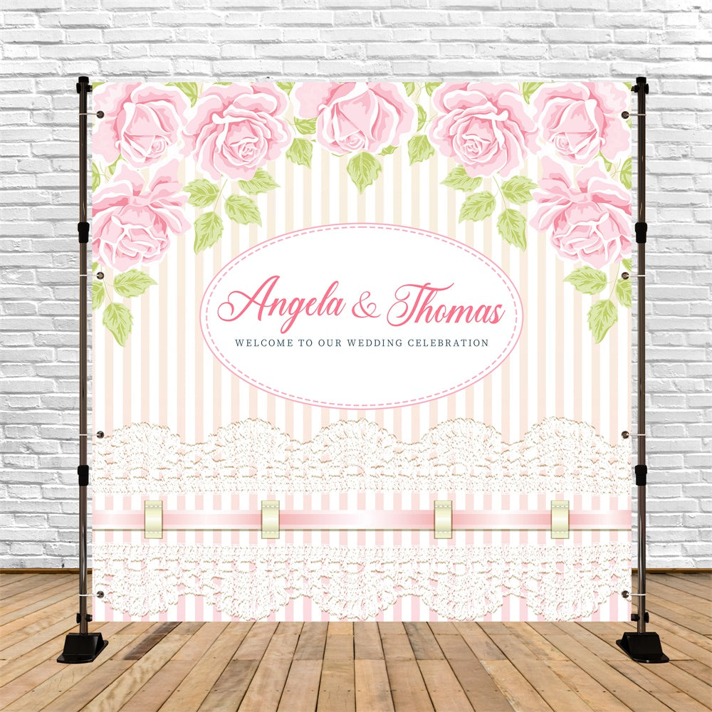 Personalized Backdrop For Wedding Lace Stripes Rose Backdrop UK LXX6-136