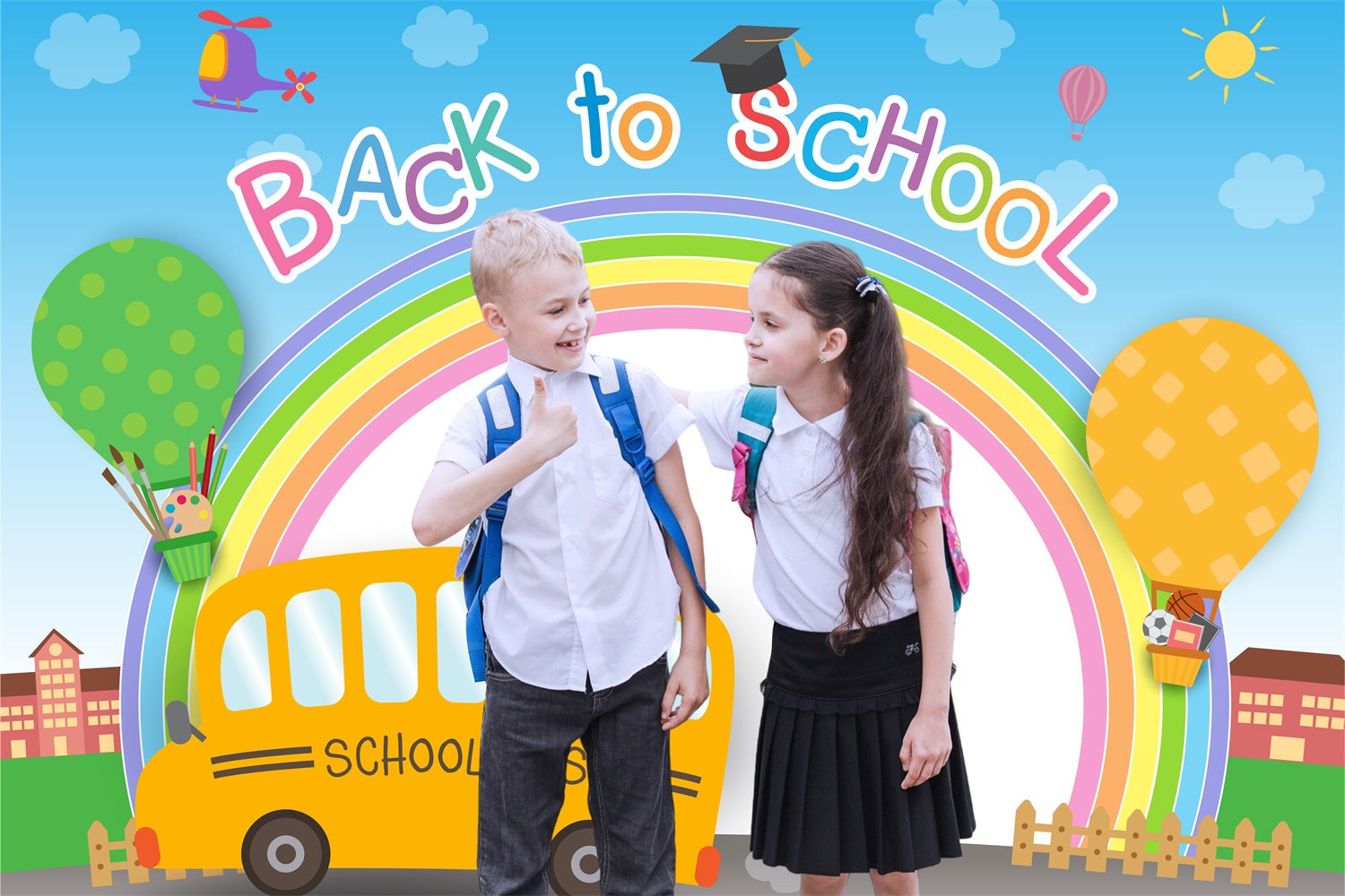 Back To School Backdrop Rainbow Happy Bus Personalized Backdrop UK LXX6-34