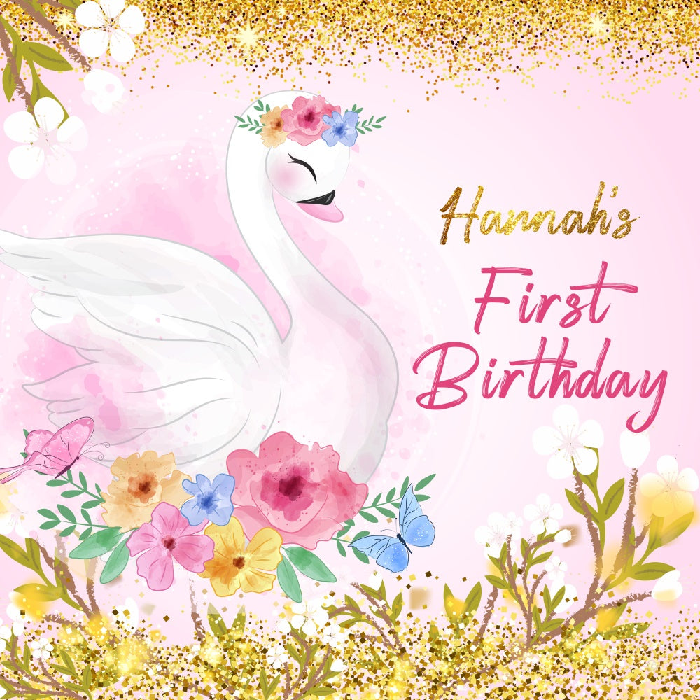 1st Birthday Backdrop Elegant Swan Floral Personalized Backdrop UK LXX6-66