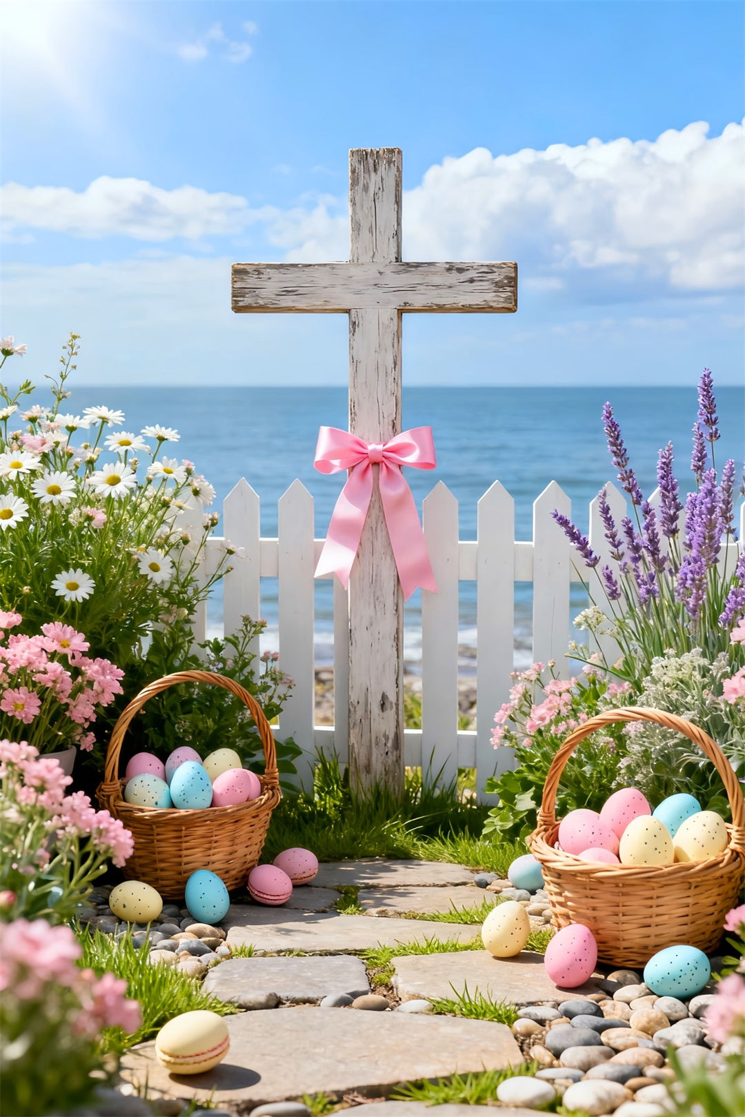 Cross Backdrop Wildflower Bouquet Egg Basket Easter Backdrop Photography UK LXX61-100