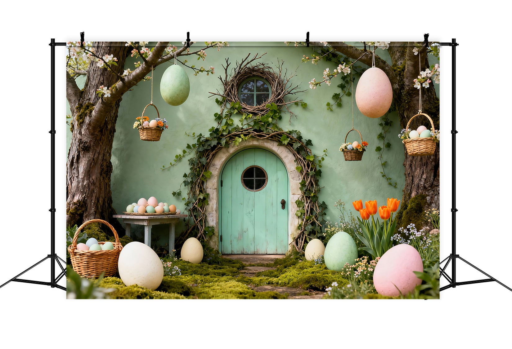 Bunny Burrow Backdrop Green Door Hanging Eggs Basket Easter Backdrops For Pictures UK LXX61-110