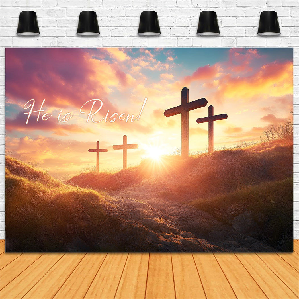 He Is Risen Backdrop Easter Cross Sunset Glow Easter Backdrop Ideas UK LXX61-127