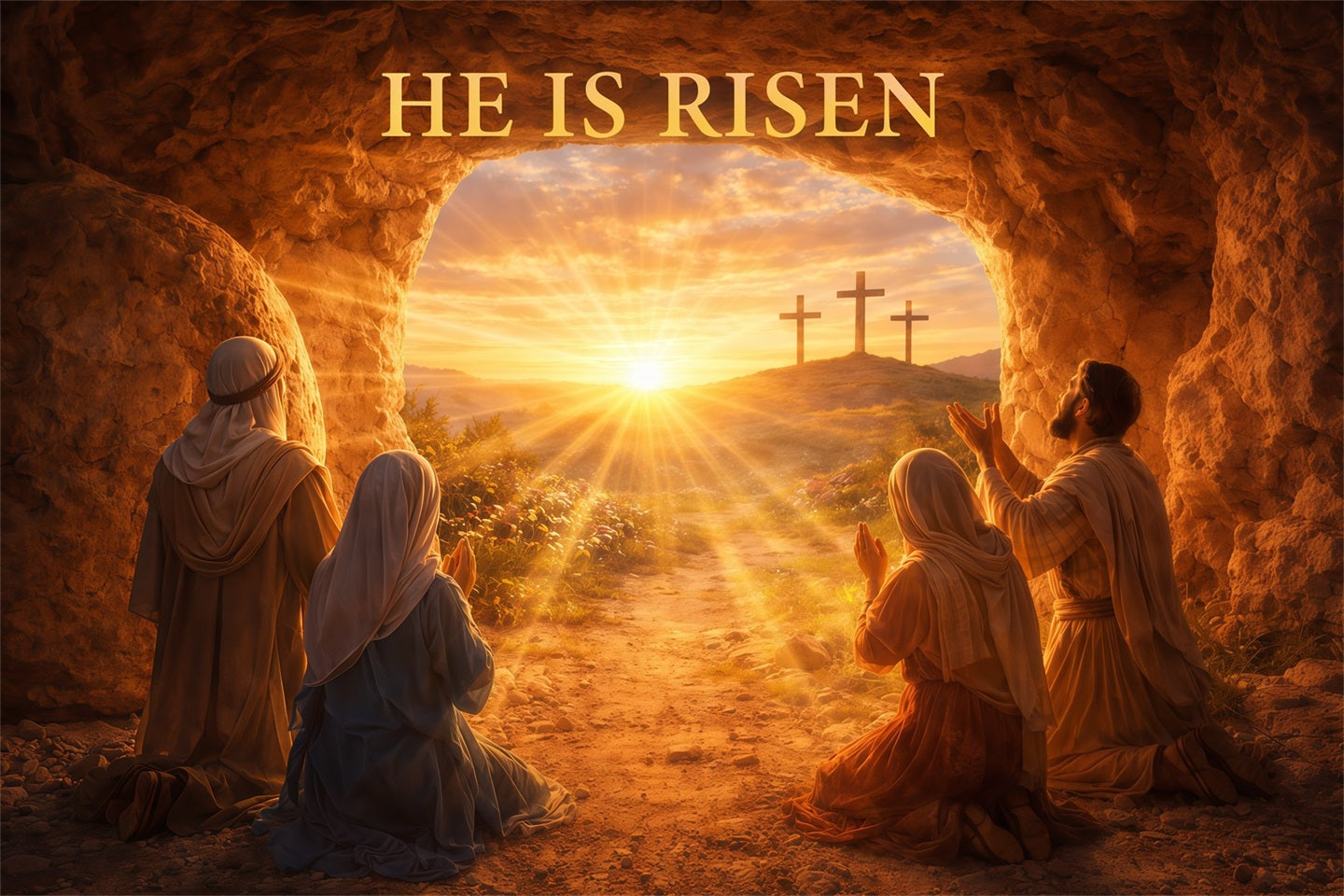 He Is Risen Backdrop Resurrection Light Cross Cave Easter Backdrop Photography UK LXX61-129