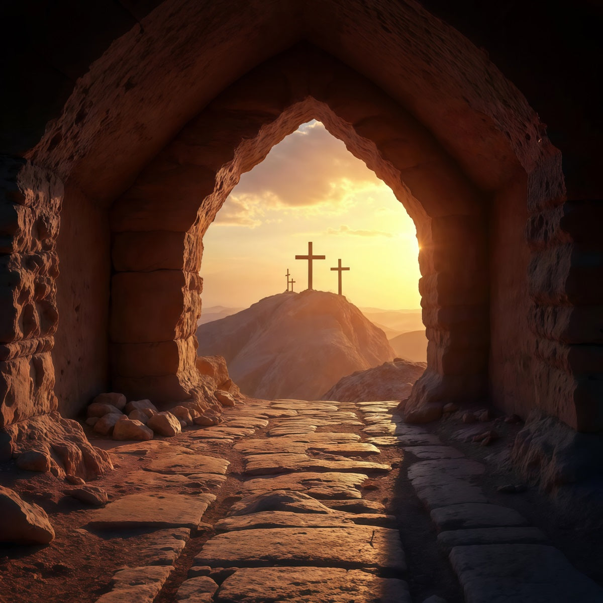 Religious Easter Backdrop Sunset Cross He Is Risen Easter Backdrop For Pictures UK LXX61-134