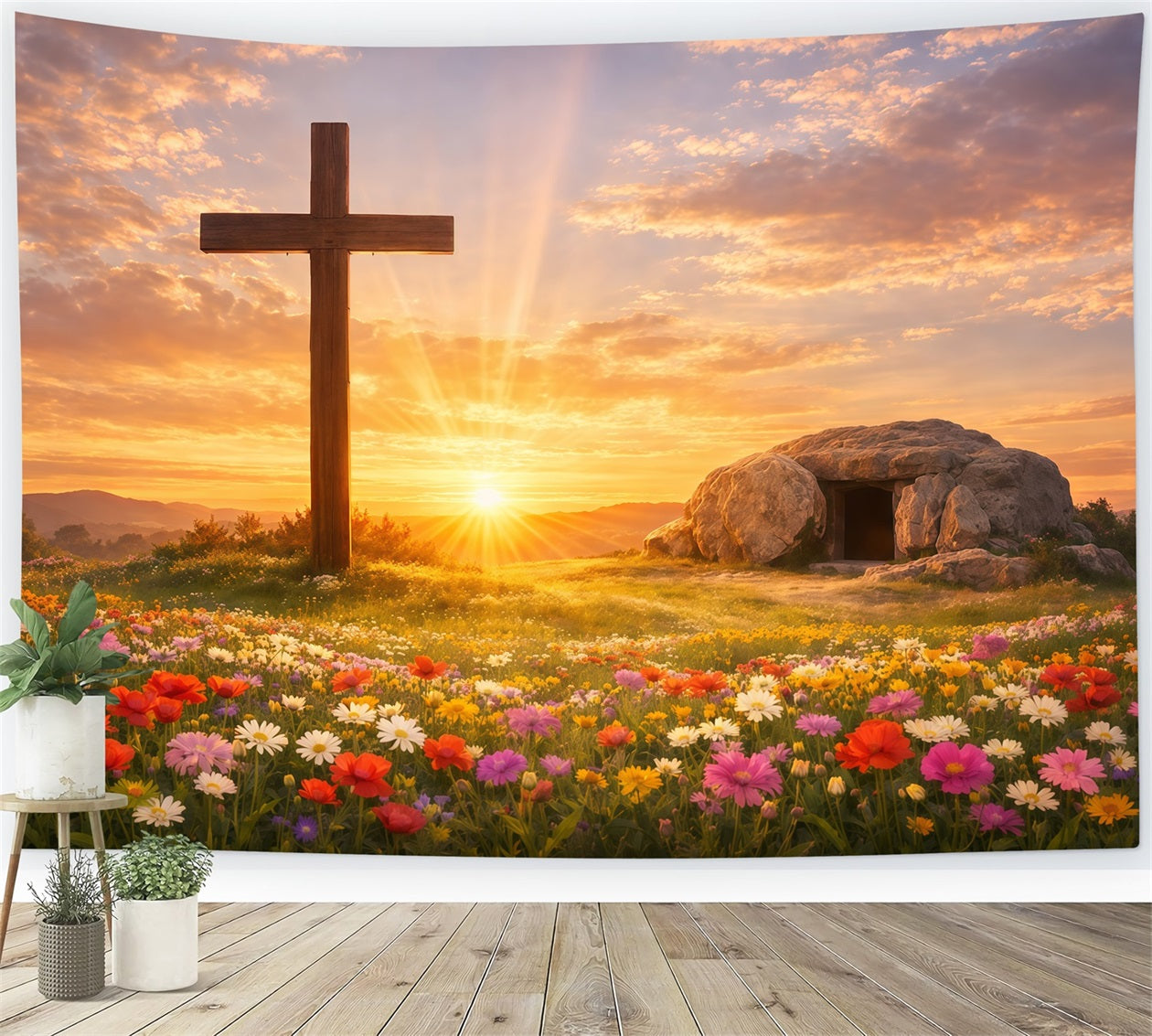 He Is Risen Backdrop Cross Tomb Flower Field Easter Photography Backdrops UK LXX61-141
