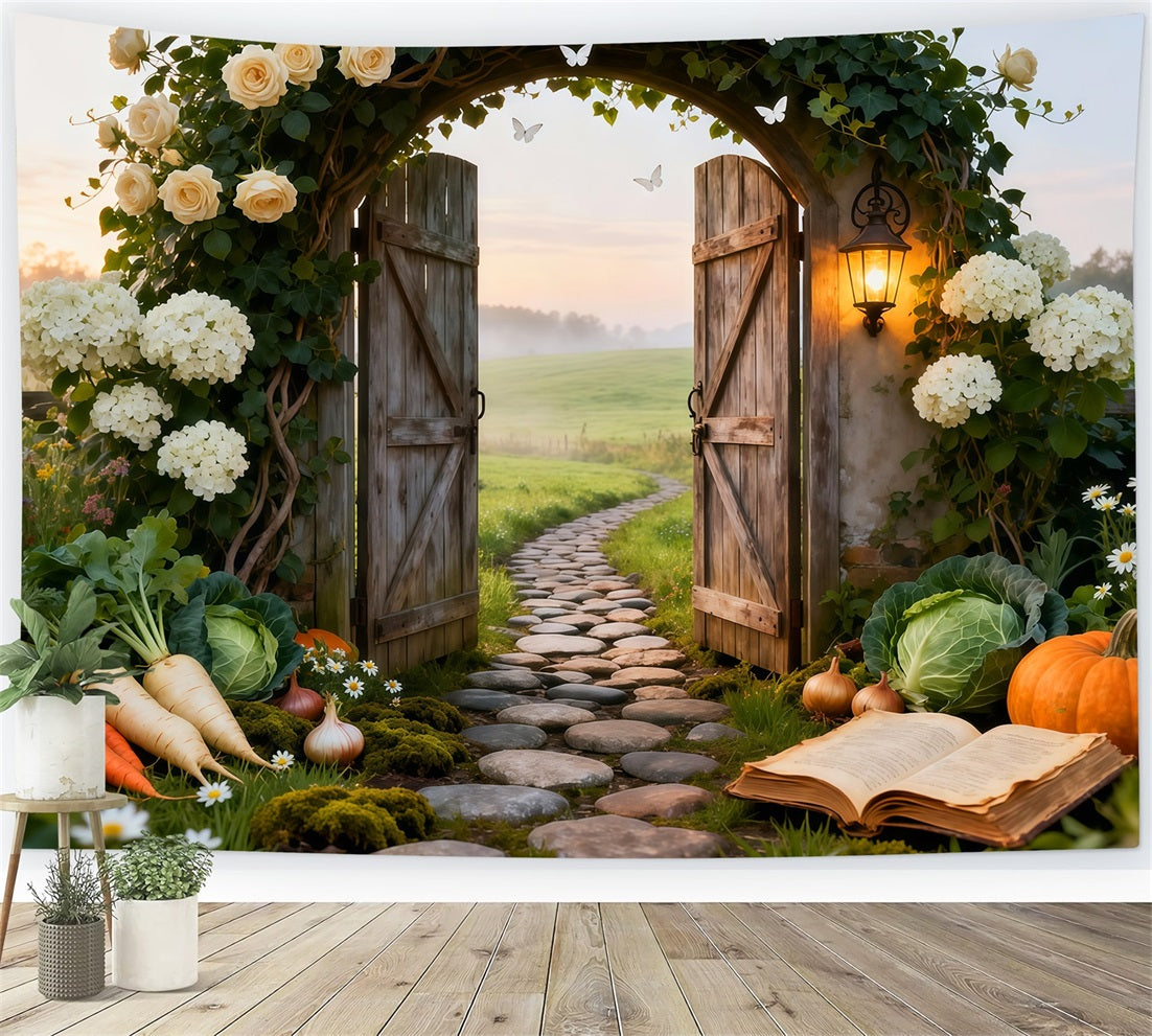 Garden Backdrop For Photoshoot Rustic Farm Gate Sunrise Meadow Spring Backdrop For Pictures UK LXX61-164