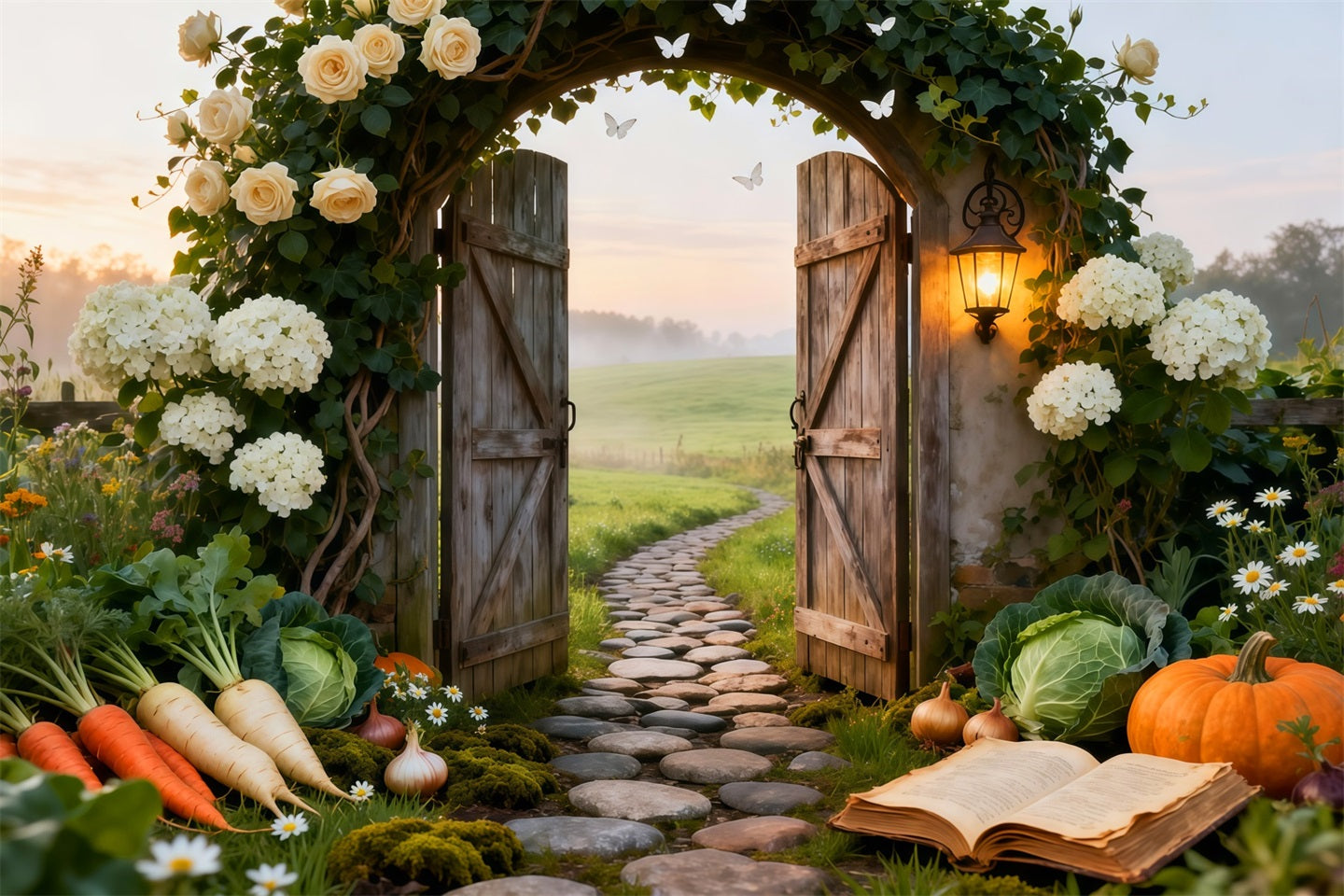 Garden Backdrop For Photoshoot Rustic Farm Gate Sunrise Meadow Spring Backdrop For Pictures UK LXX61-164