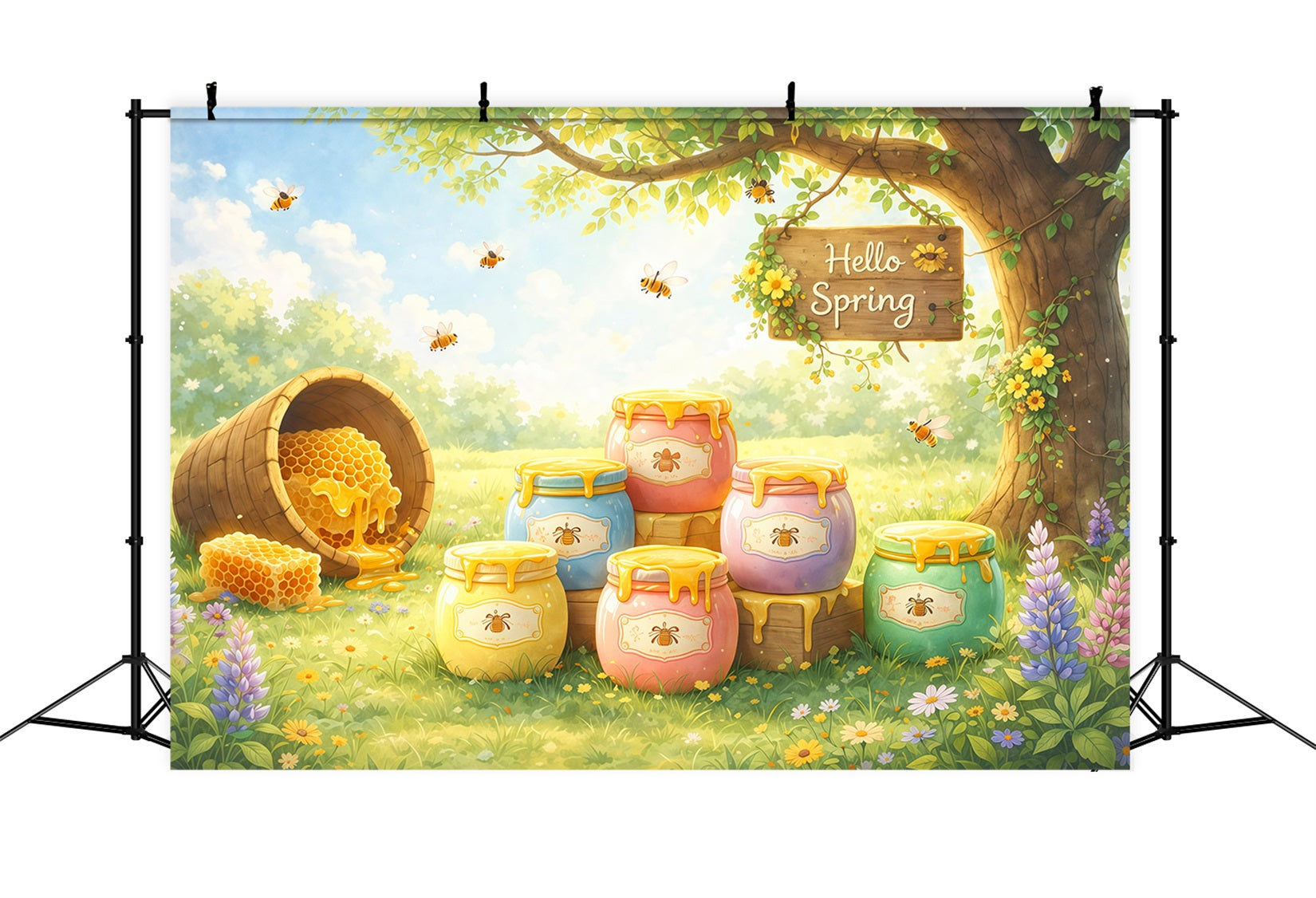 Bee Backdrop Honey Jar Garden Illustration Backdrop Spring UK LXX61-165