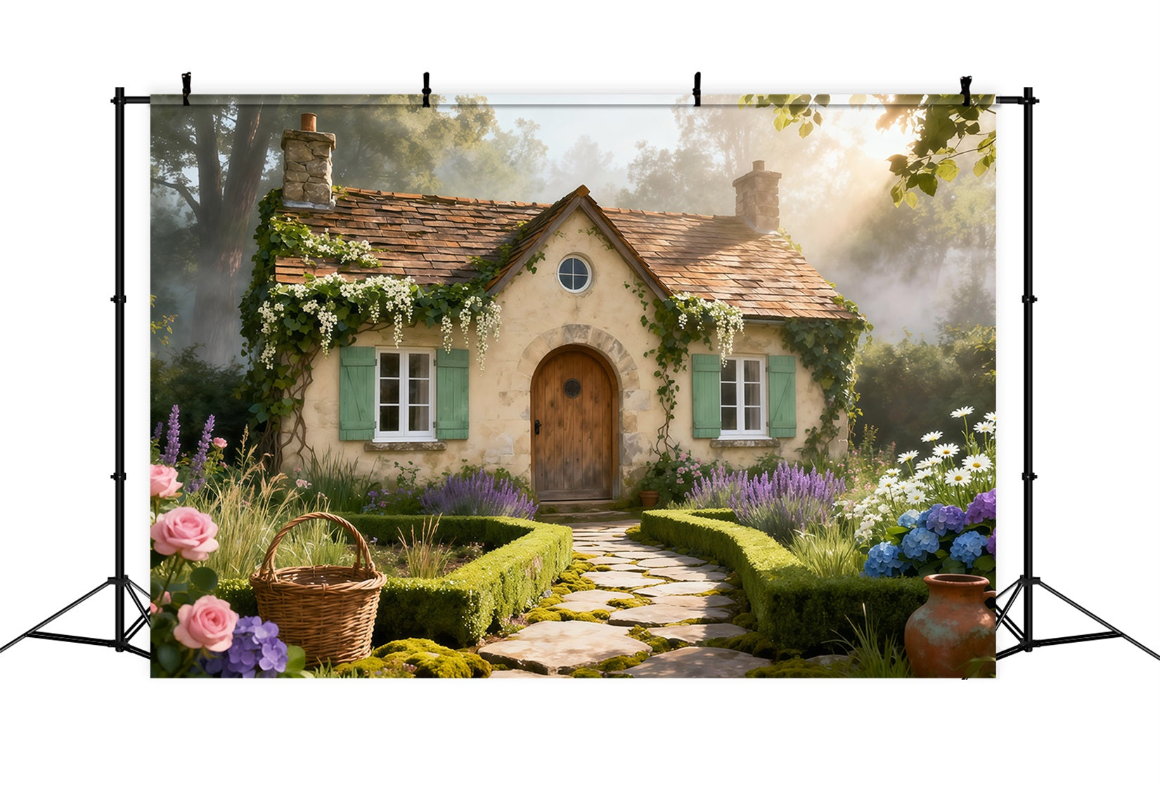 English Garden Backdrop Rustic Cottage Stone Path Spring Photography Backdrop UK LXX61-168