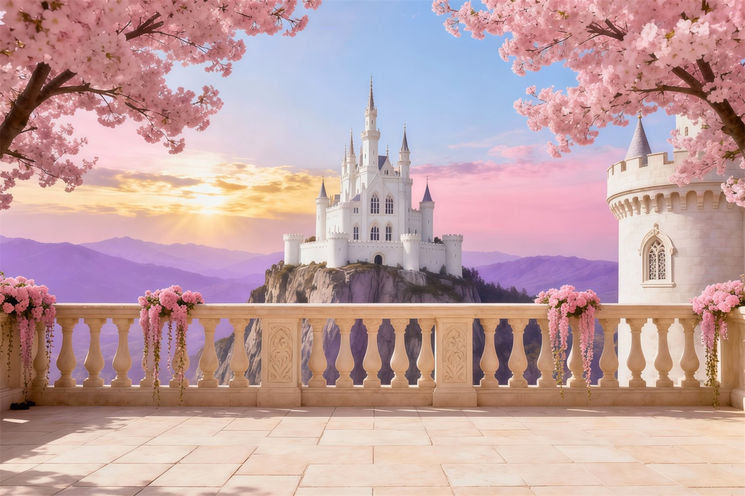 Cherry Blossom Photo Backdrop Castle Sunrise Terrace Floral Backdrop For Photography UK LXX61-191