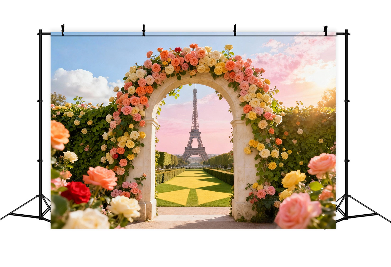 Rose Garden Backdrop Eiffel Tower Arch Door View Photo Backdrop Floral UK LXX61-193