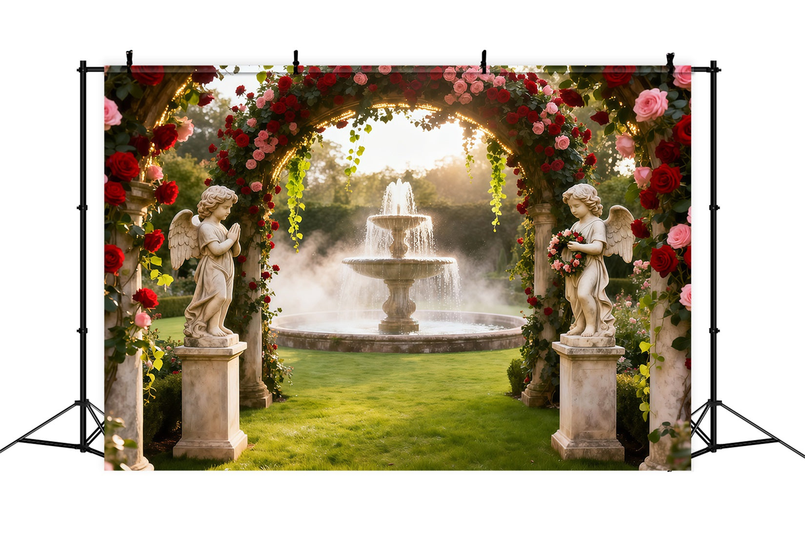 Rose Garden Backdrop Angel Fountain Flower Arch Photo Backdrop Floral UK LXX61-194