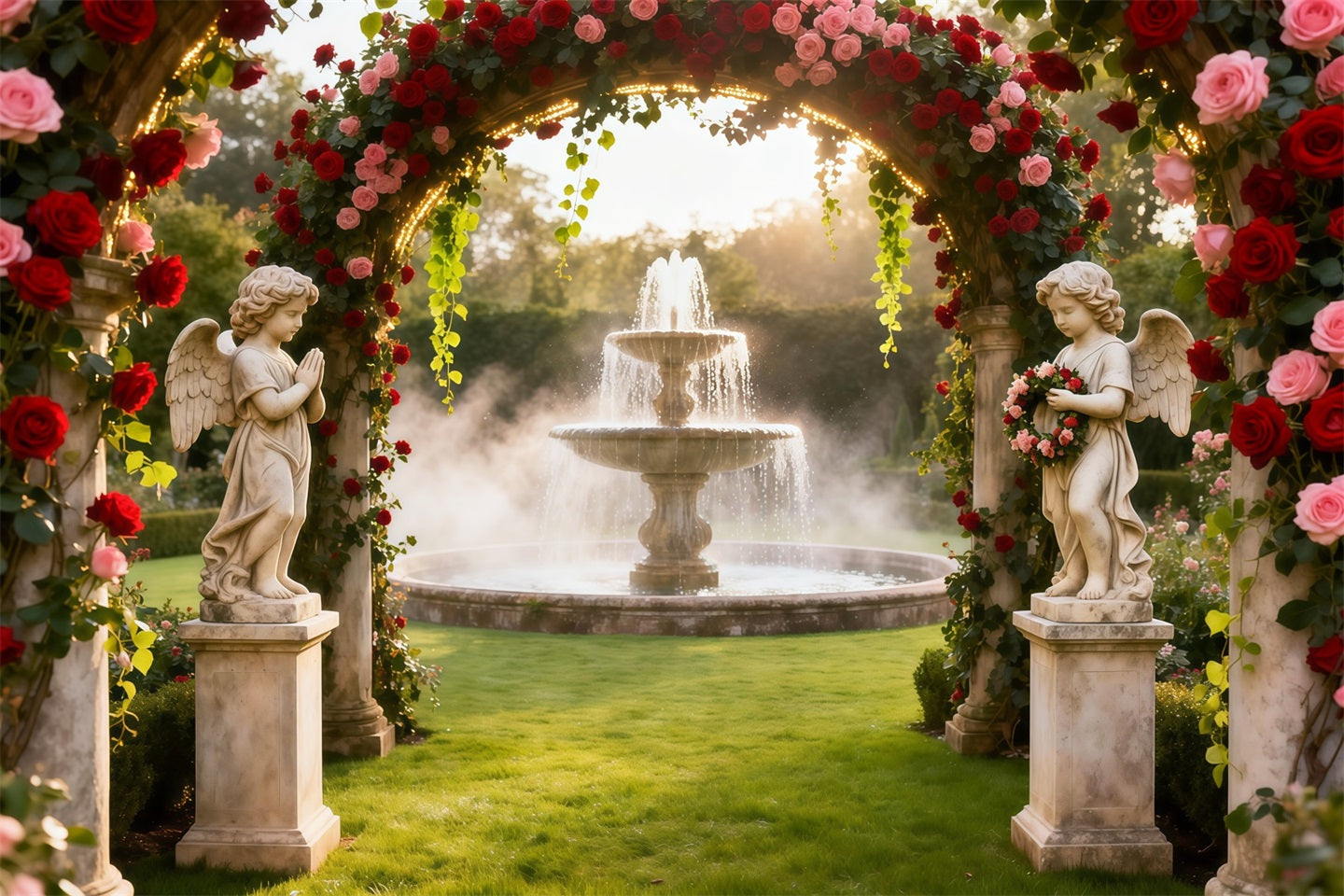 Rose Garden Backdrop Angel Fountain Flower Arch Photo Backdrop Floral UK LXX61-194
