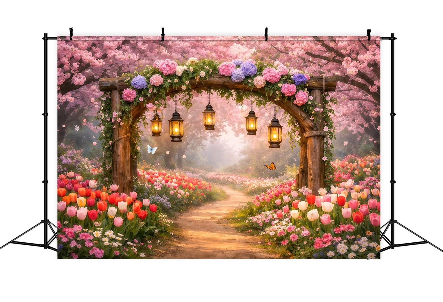 Cherry Blossom Backdrops Lantern Garden Pink Flower Path Backdrop Floral UK LXX61-202