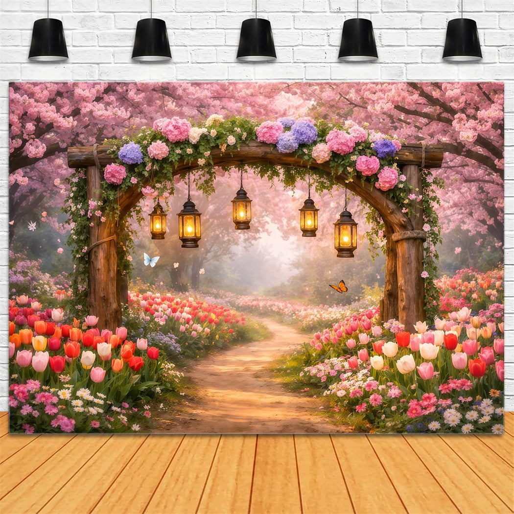 Cherry Blossom Backdrops Lantern Garden Pink Flower Path Backdrop Floral UK LXX61-202