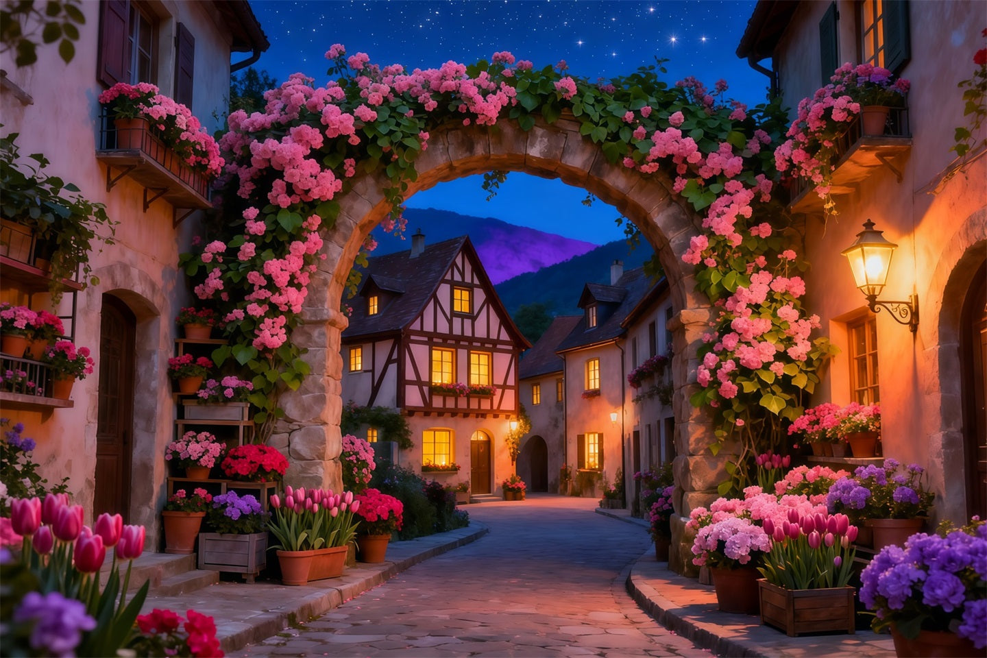 Enchanted Garden Photo Backdrop Twilight Village Flower Arch Floral Fabric Backdrop UK LXX61-210