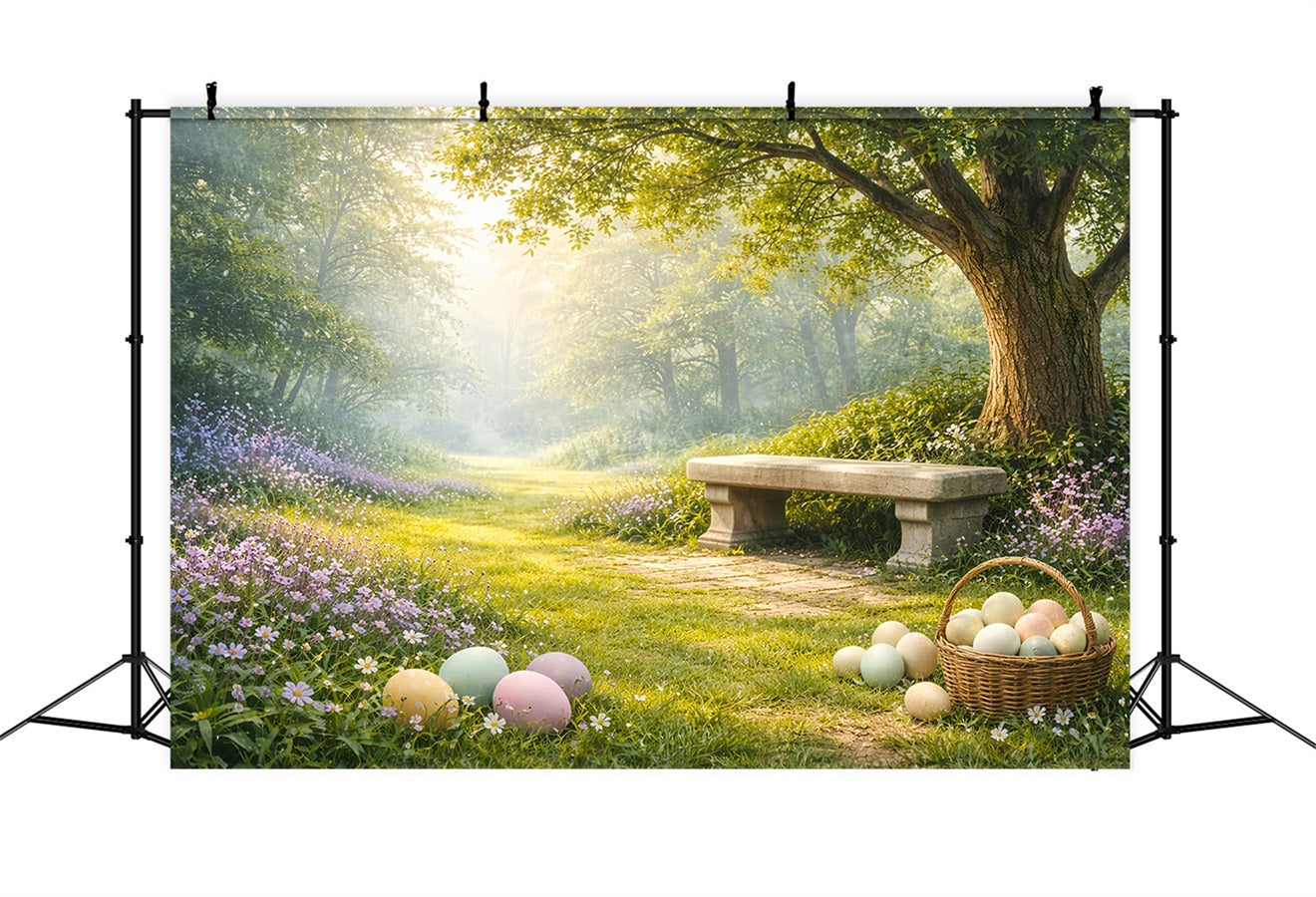 Rustic Easter Backdrop Sunlit Forest Meadow Bench Outdoor Easter Backdrops UK LXX61-83