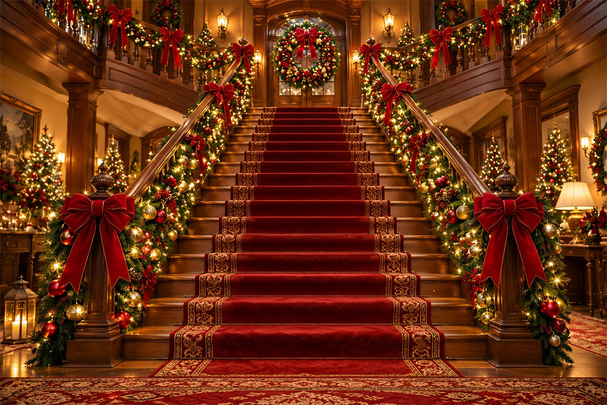 Christmas Scene Backdrop Grand Garland Hall Entrance Christmas Staircase Backdrop UK LXX610-155