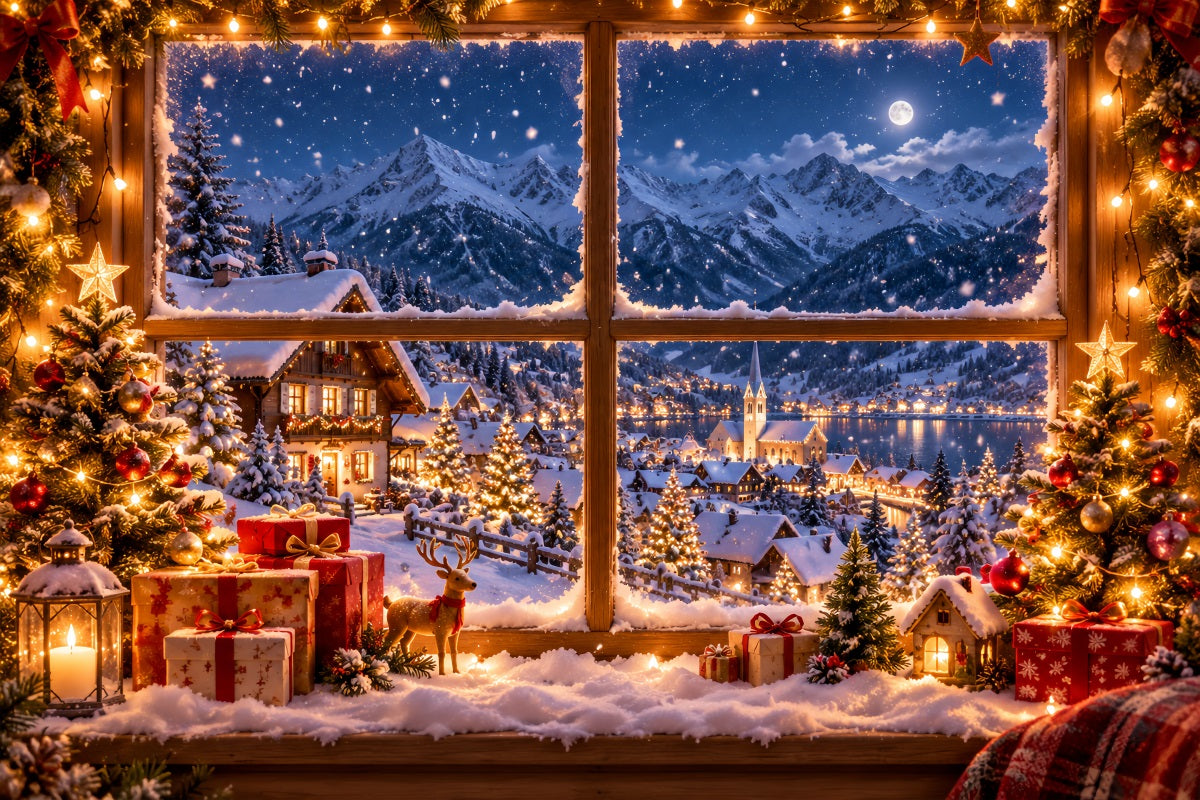 Winter Christmas Backdrop Snowy Alpine House Window Christmas Village Backdrops UK LXX610-157