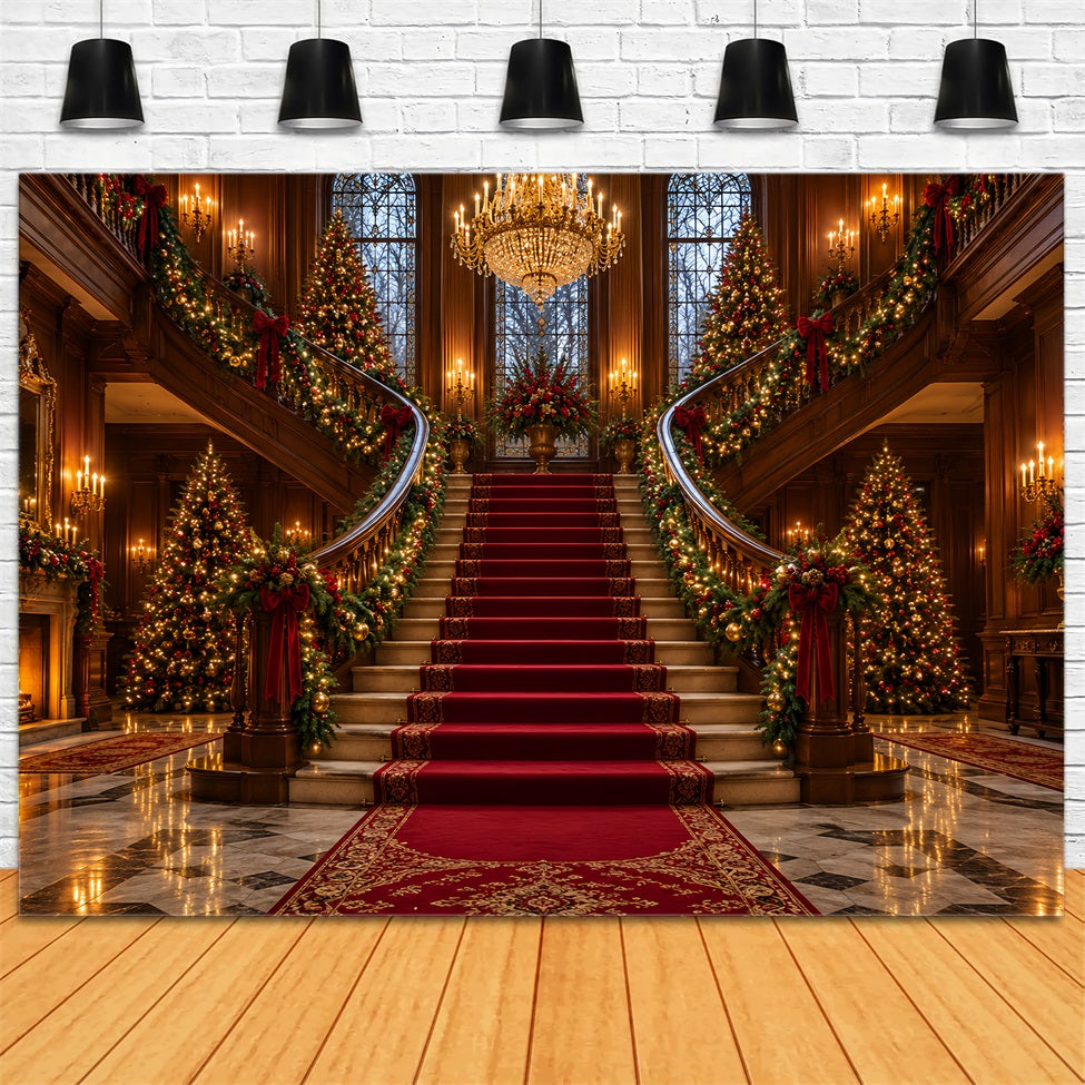 Living Room Christmas Backdrop Majestic Chandelier Staircase Hall Christmas Wall Backdrop UK LXX610-158