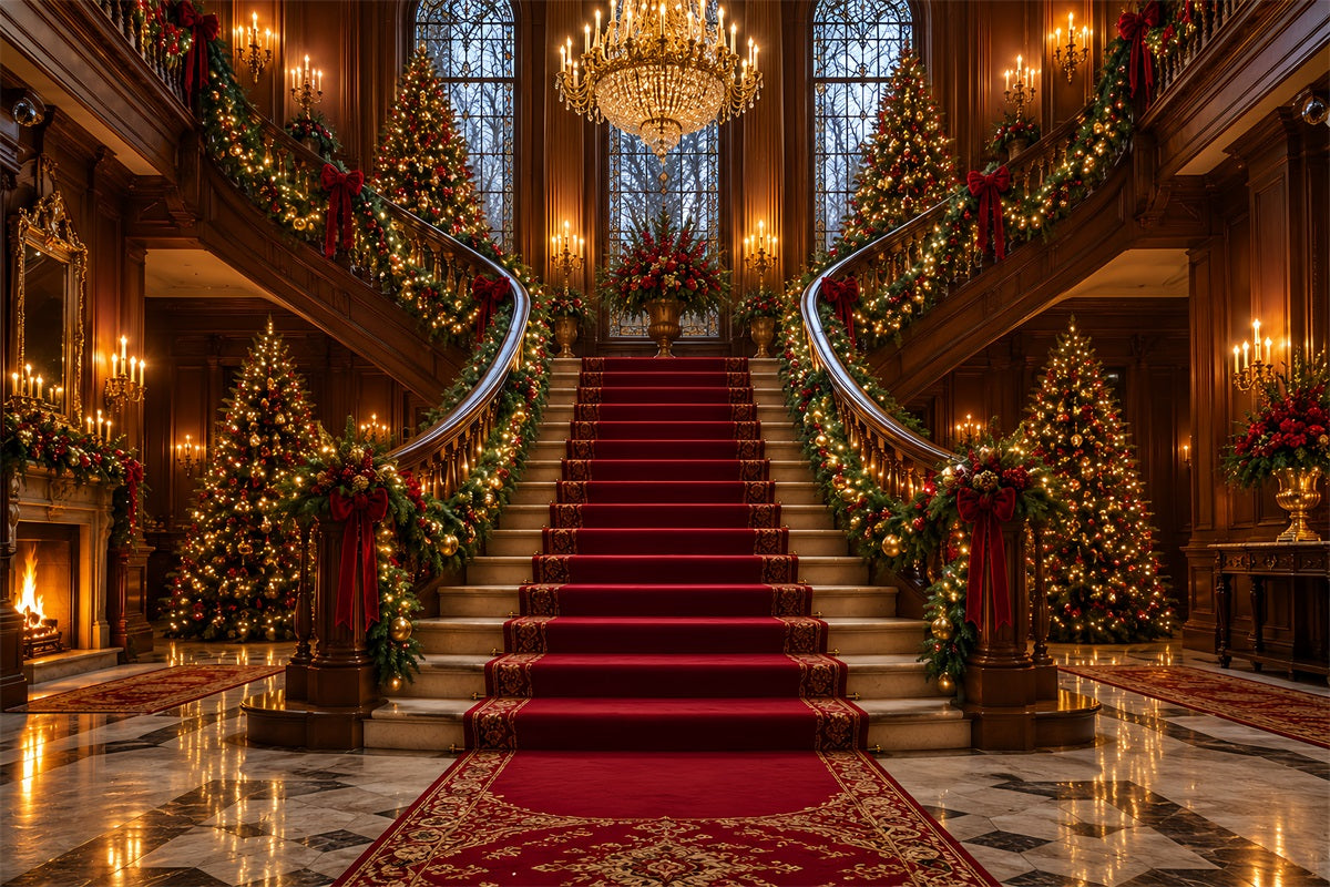 Living Room Christmas Backdrop Majestic Chandelier Staircase Hall Christmas Wall Backdrop UK LXX610-158