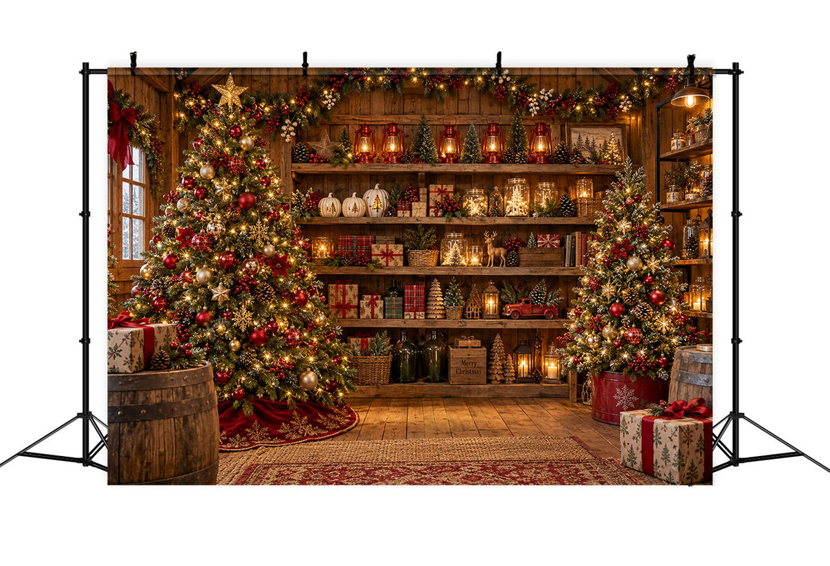 Christmas Store Backdrop Rustic Festive Wooden Shelves Christmas Backdrop for Pictures UK LXX610-165