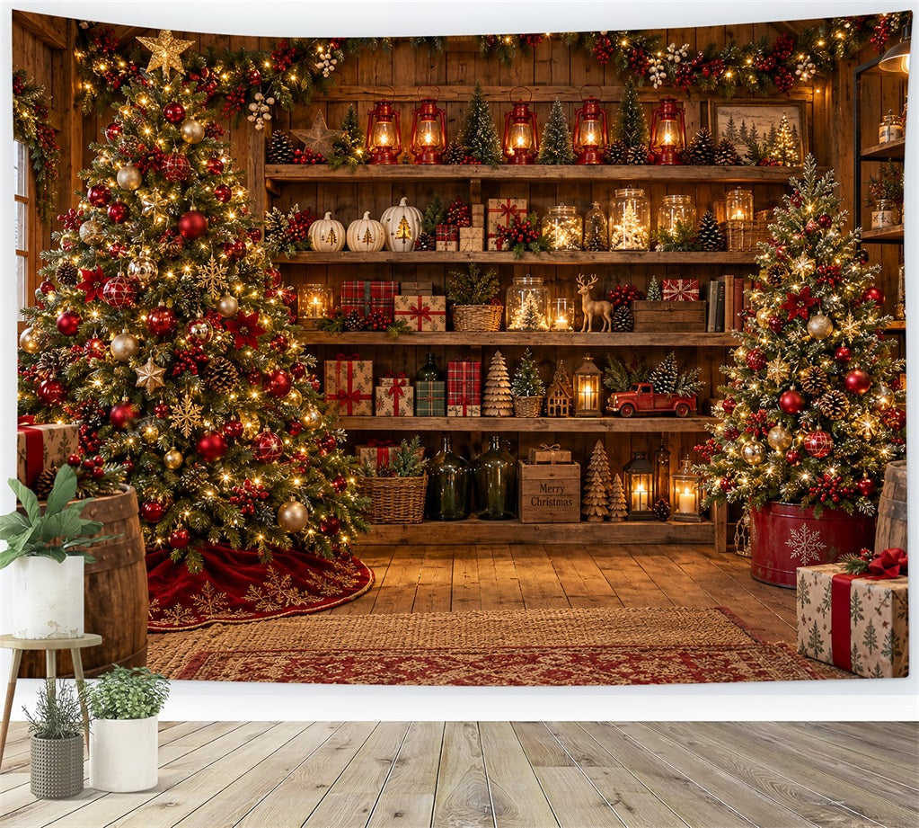 Christmas Store Backdrop Rustic Festive Wooden Shelves Christmas Backdrop for Pictures UK LXX610-165